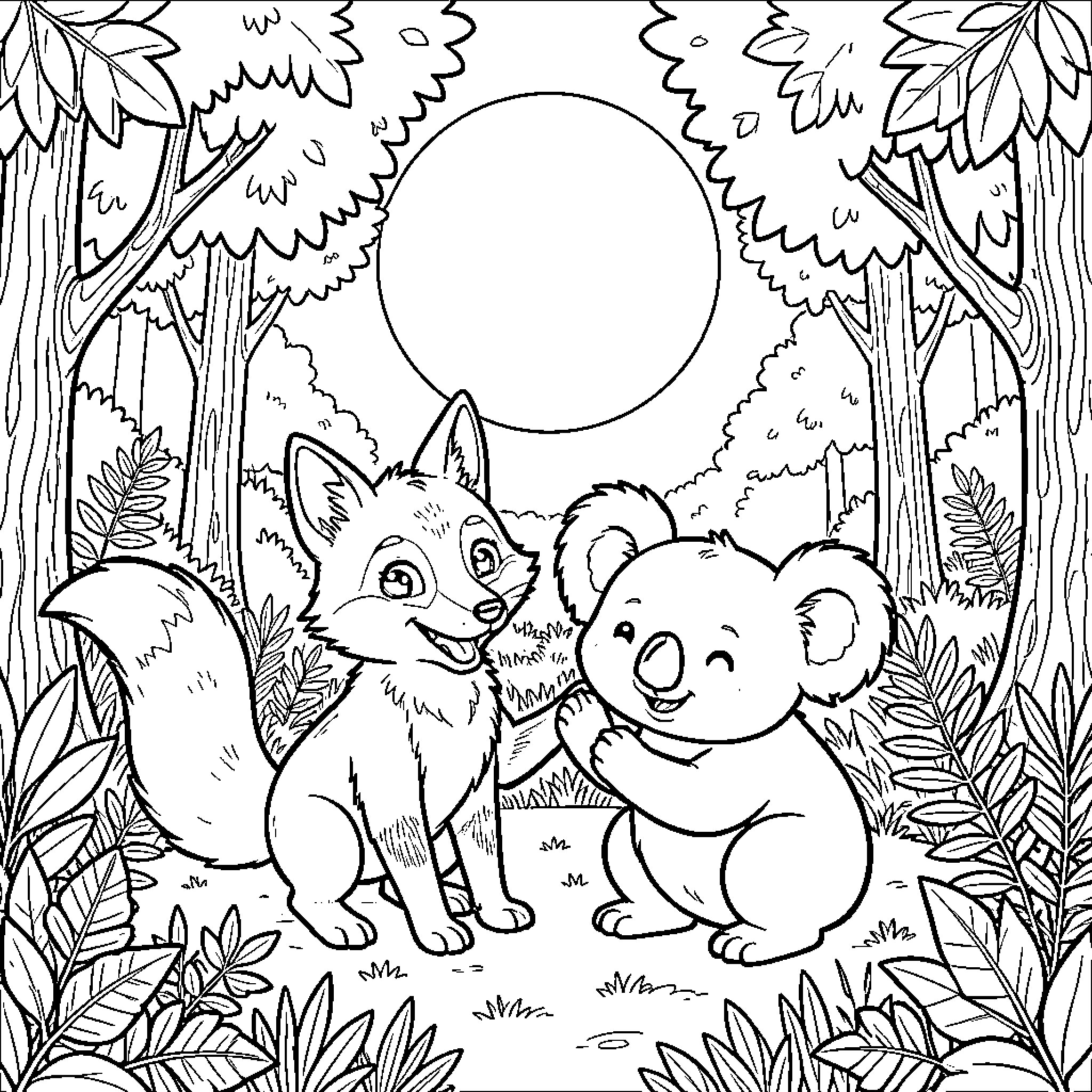 Fox and Koala in Lush Forest Coloring Page (free black-and-white line drawing printable PDF for all, from beginners to advanced learners, including children, teens, adults, and seniors)