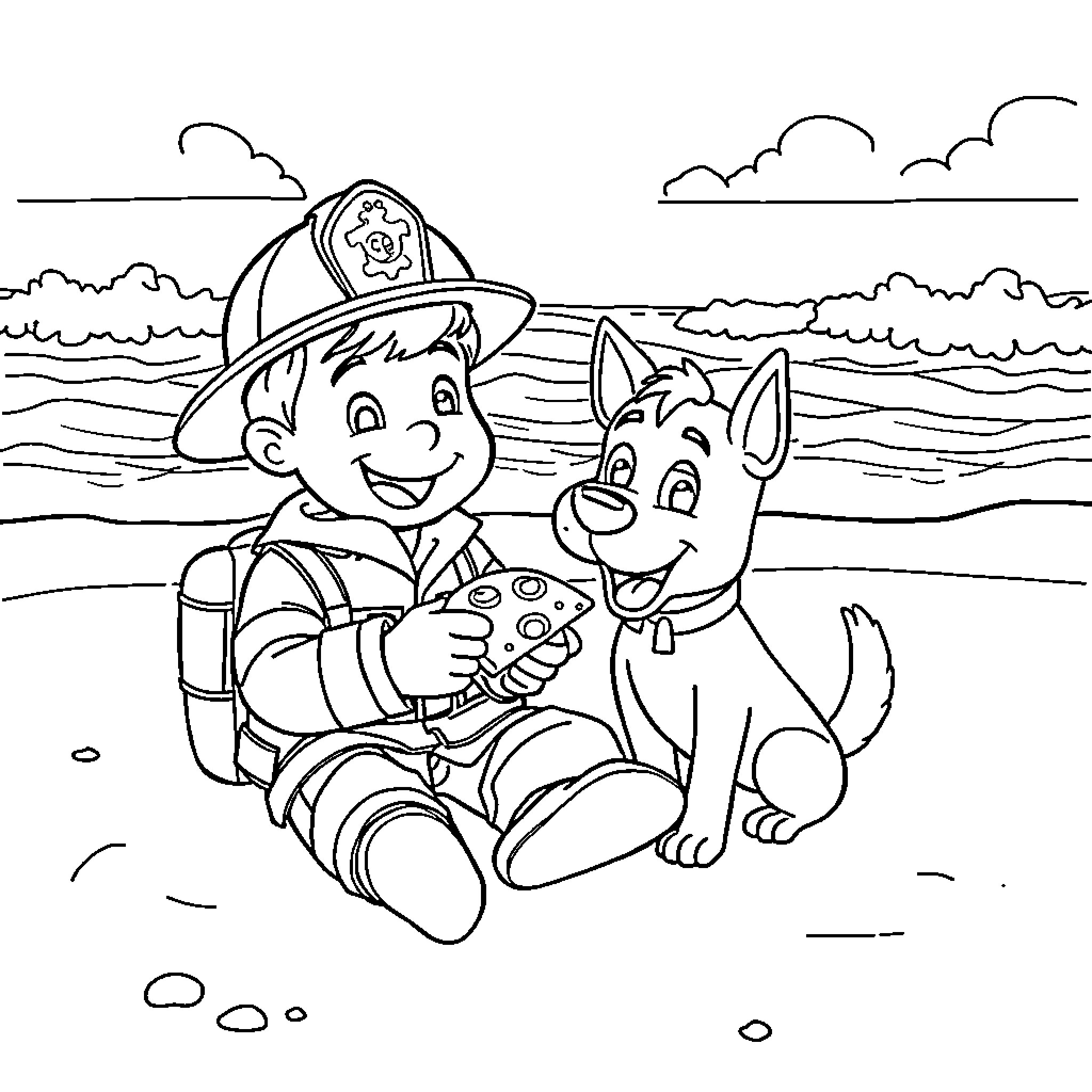 Fireman Sam and his Dalmatian companion explore the beach Coloring Page (free black-and-white line drawing printable PDF for all, from beginners to advanced learners, including children, teens, adults, and seniors)