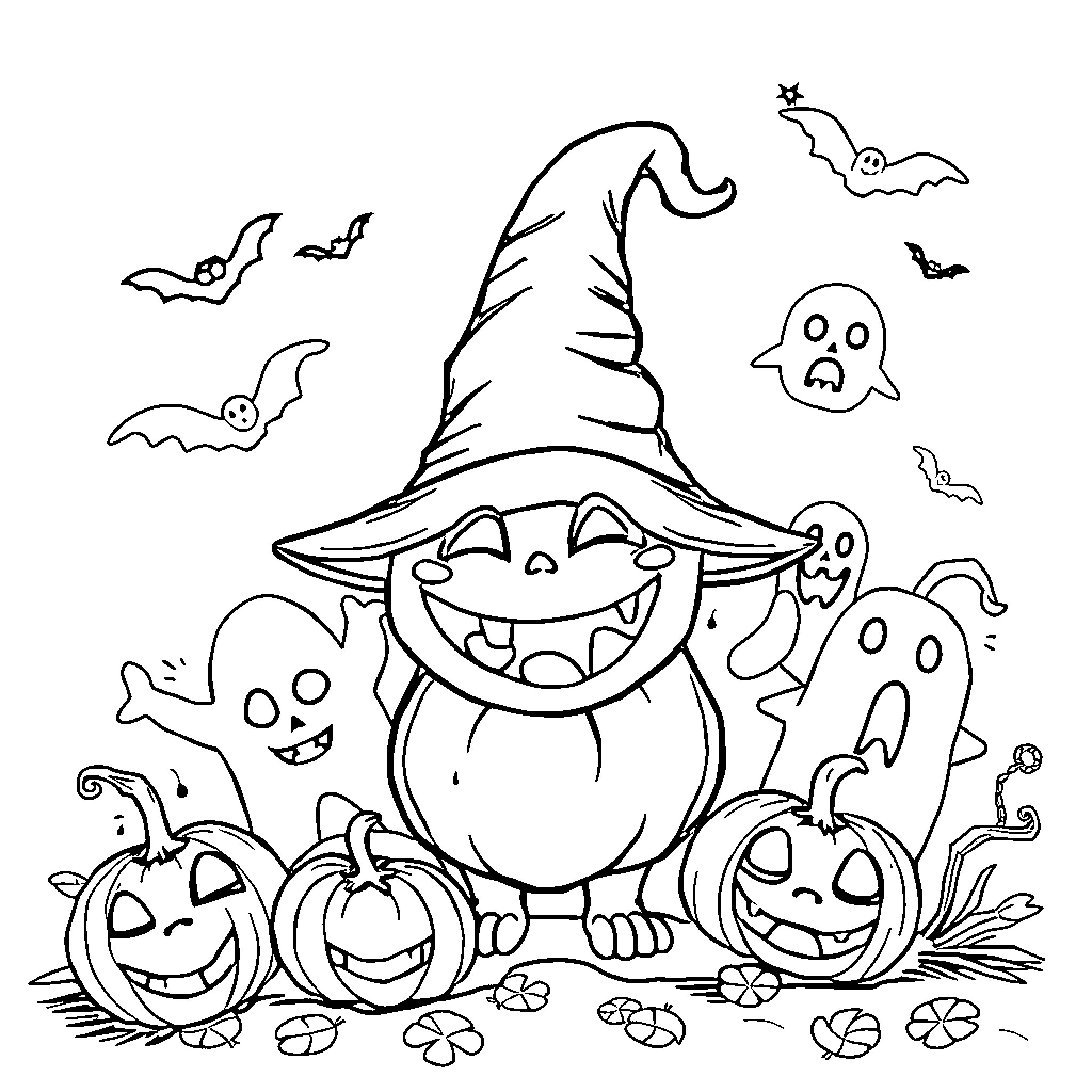 Sorcier's Spooky Halloween Celebration Coloring Page (free black-and-white line drawing printable PDF for all, from beginners to advanced learners, including children, teens, adults, and seniors)