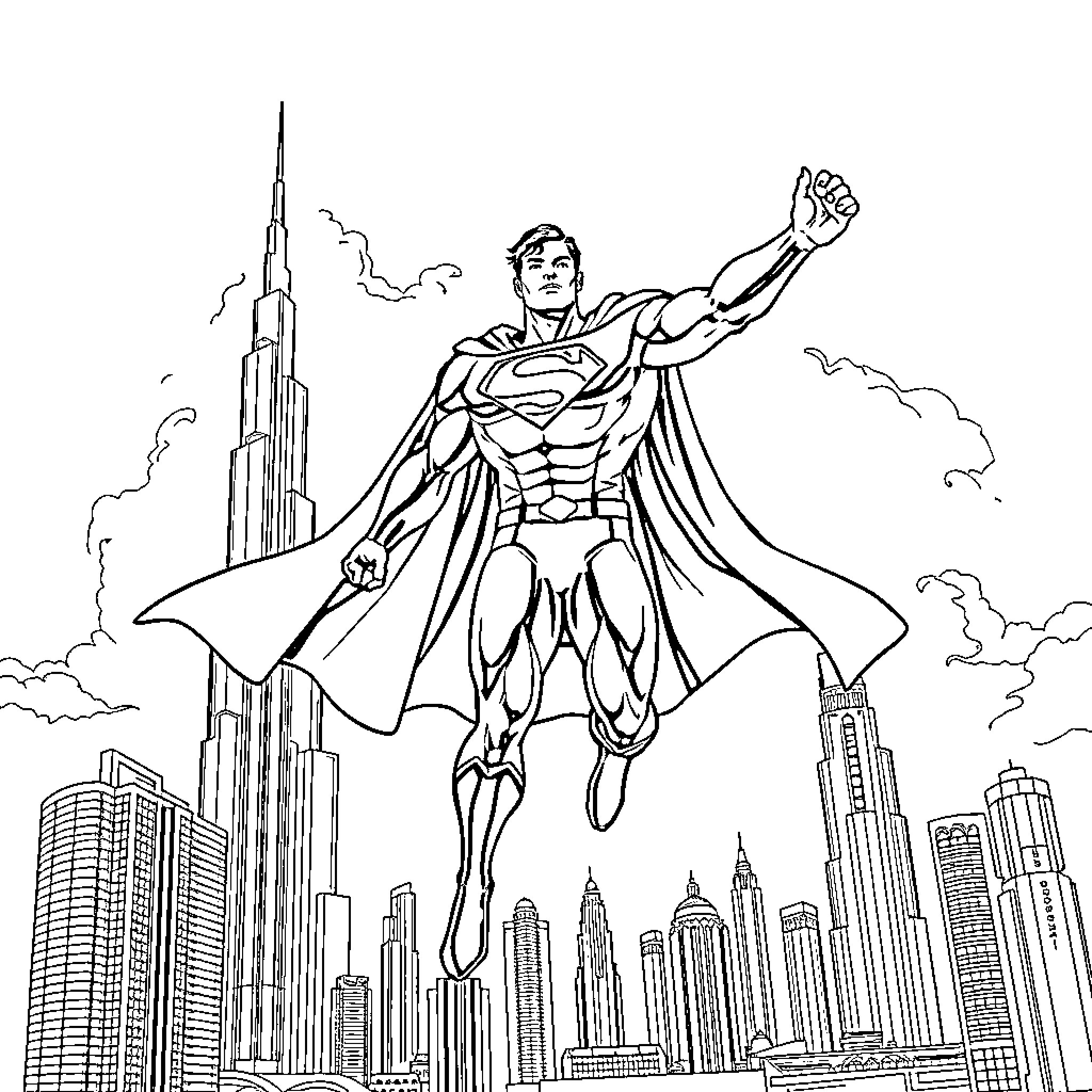 Superman heroically soaring over a city skyline Coloring Page (free black-and-white line drawing printable PDF for all, from beginners to advanced learners, including children, teens, adults, and seniors)