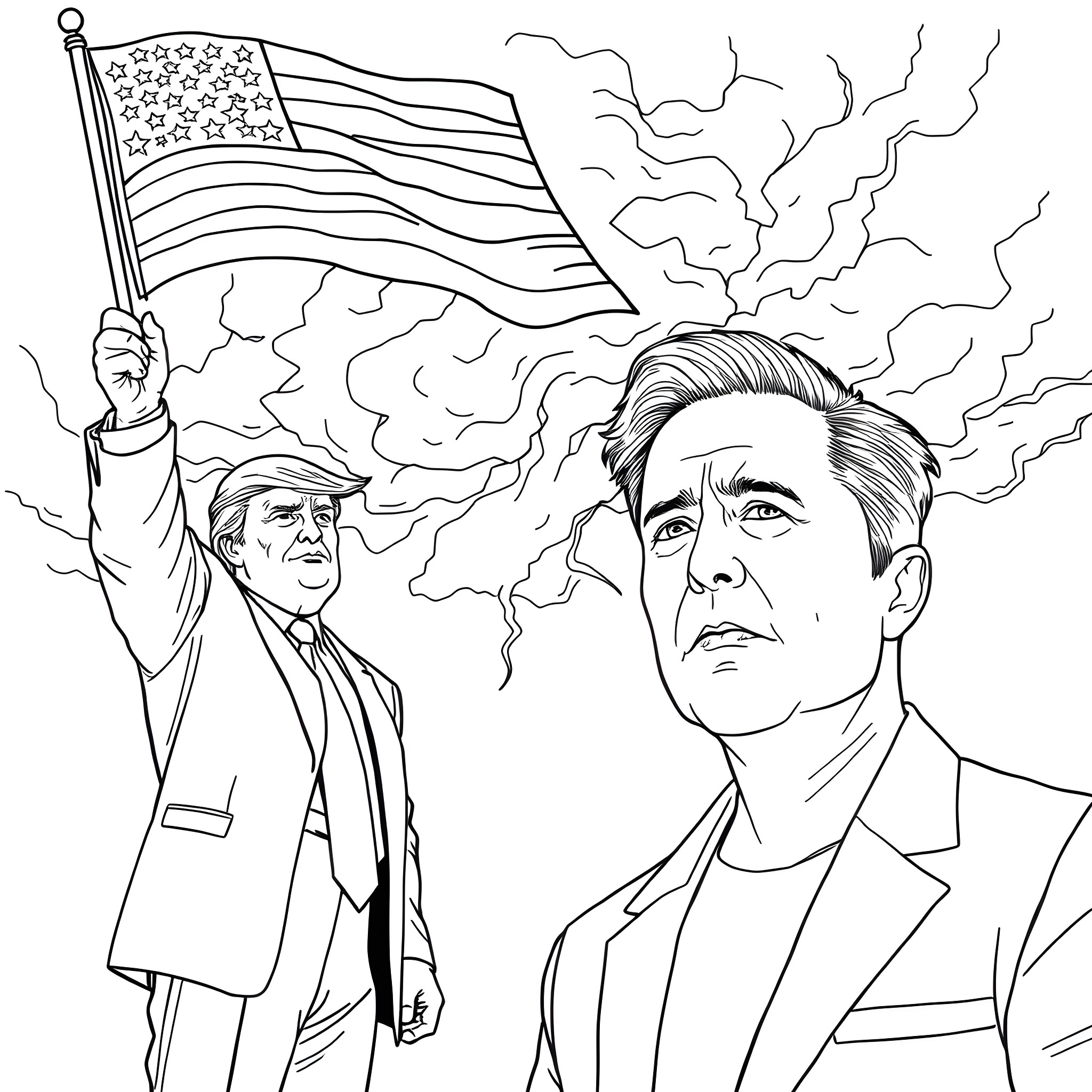 Donald Trump holding American flag, Romney in the foreground Coloring Page (free black-and-white line drawing printable PDF for all, from beginners to advanced learners, including children, teens, adults, and seniors)