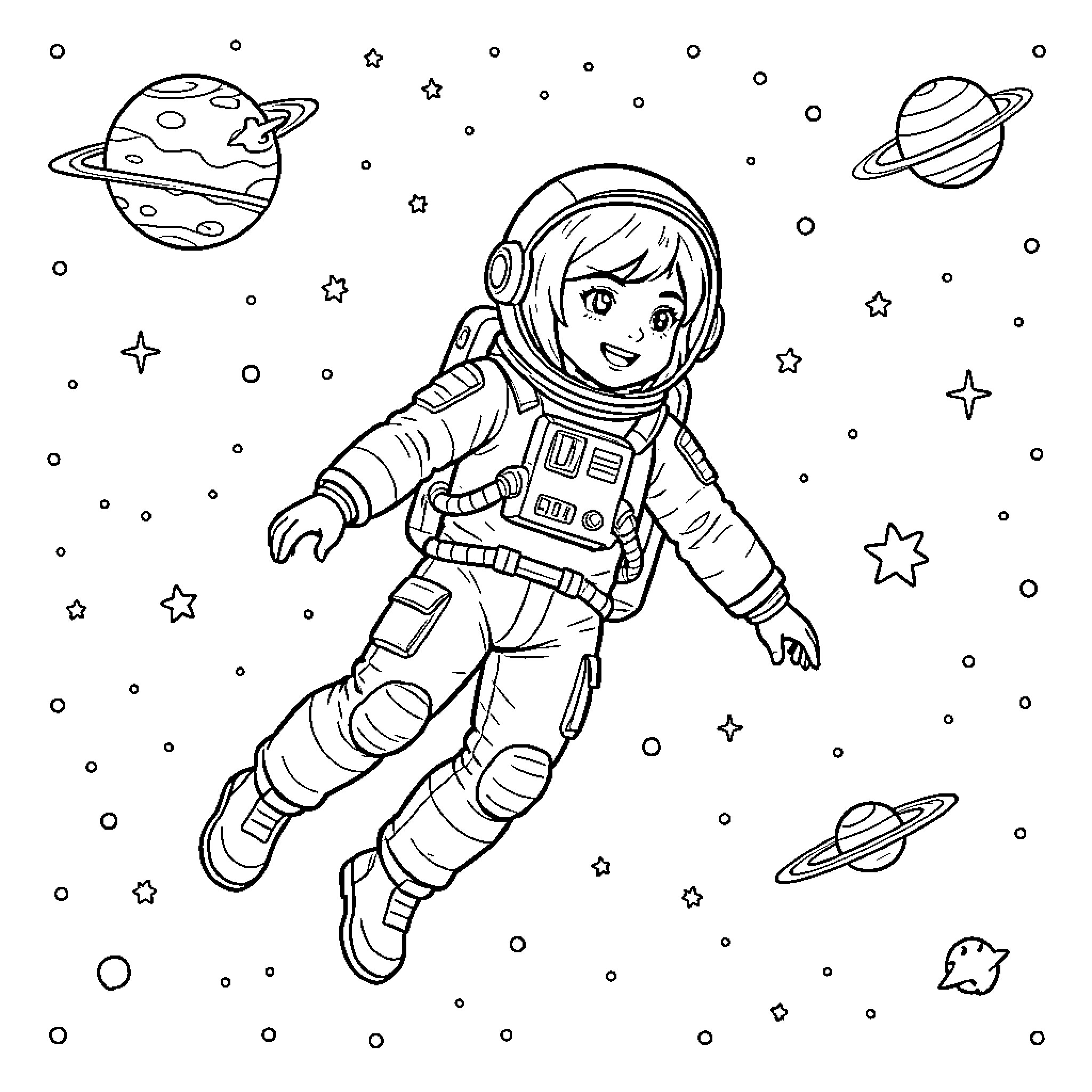 Astronaut floating joyfully through outer space Coloring Page (free black-and-white line drawing printable PDF for all, from beginners to advanced learners, including children, teens, adults, and seniors)