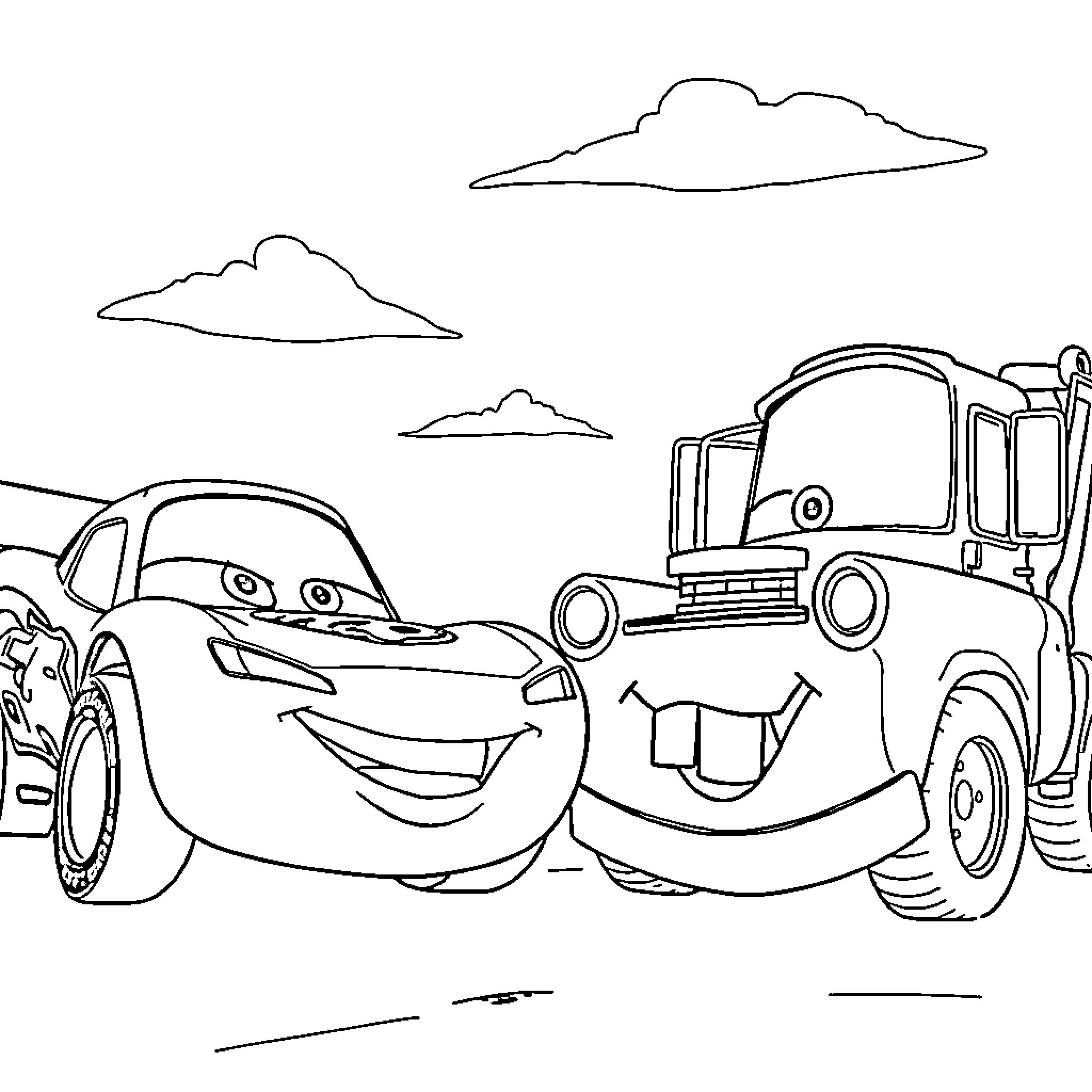 Lightning McQueen and Mater's Friendly Adventure Coloring Page (free black-and-white line drawing printable PDF for all, from beginners to advanced learners, including children, teens, adults, and seniors)