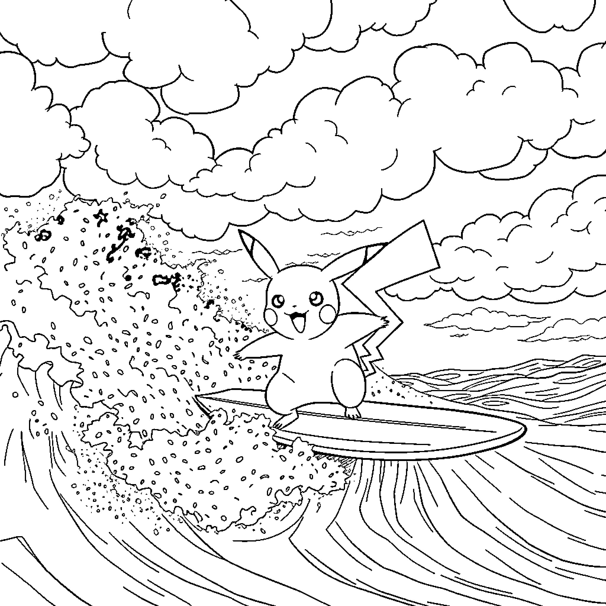 Pikachu surfing on a wave with sparkles Coloring Page (free black-and-white line drawing printable PDF for all, from beginners to advanced learners, including children, teens, adults, and seniors)