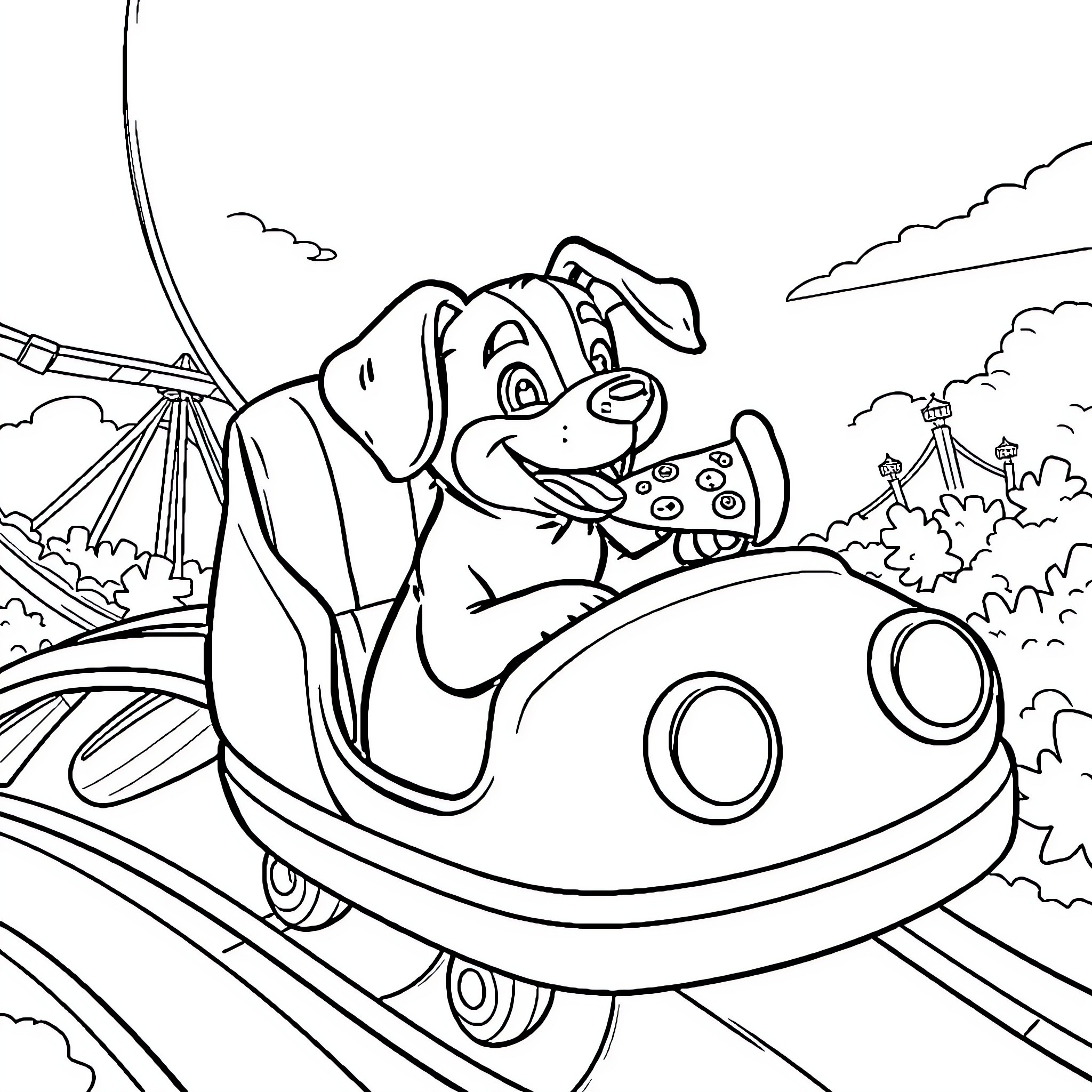Dog riding bumper car at amusement park Coloring Page (free black-and-white line drawing printable PDF for all, from beginners to advanced learners, including children, teens, adults, and seniors)