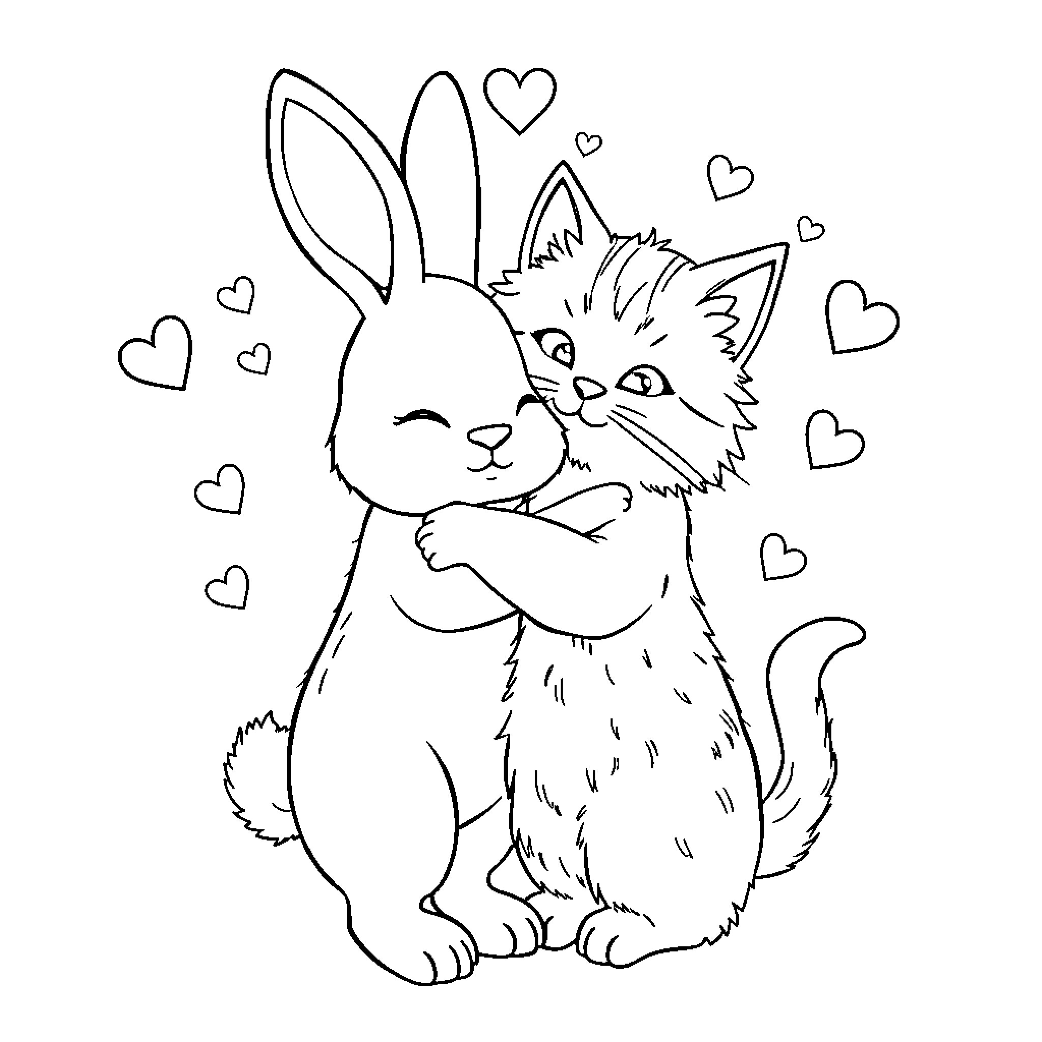 Rabbit and Kitten Sharing a Loving Embrace Coloring Page (free black-and-white line drawing printable PDF for all, from beginners to advanced learners, including children, teens, adults, and seniors)