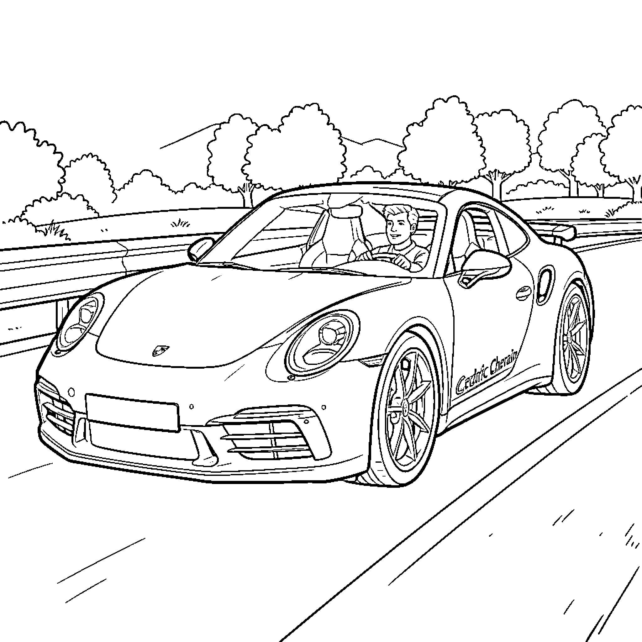 Porsche being driven along a scenic road Coloring Page (free black-and-white line drawing printable PDF for all, from beginners to advanced learners, including children, teens, adults, and seniors)