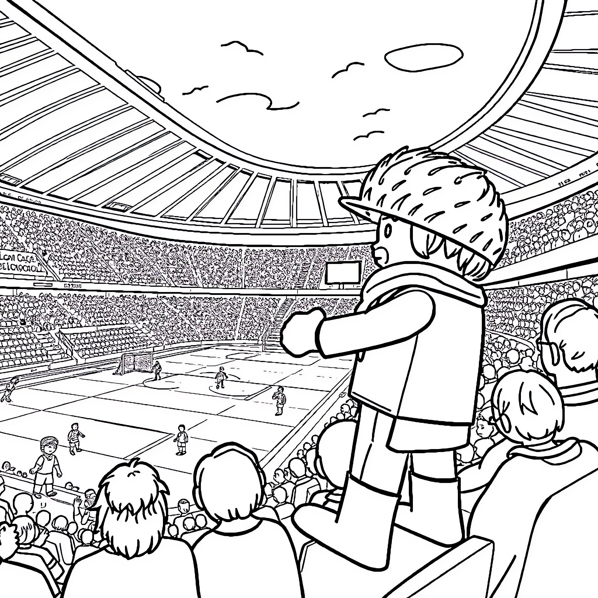 Playmobil characters at a sports stadium event Coloring Page (free black-and-white line drawing printable PDF for all, from beginners to advanced learners, including children, teens, adults, and seniors)