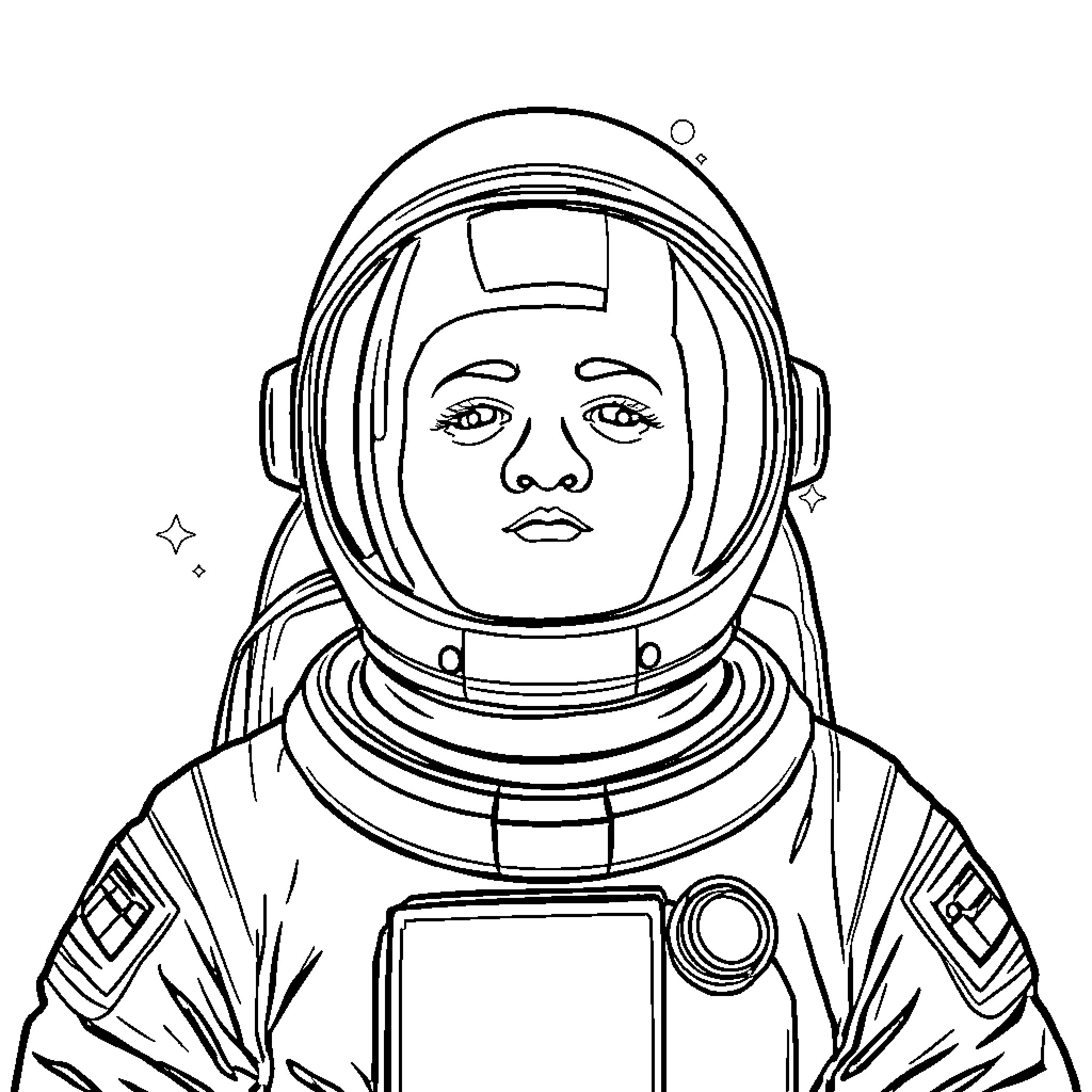 Astronaut in contemplative expression Coloring Page (free black-and-white line drawing printable PDF for all, from beginners to advanced learners, including children, teens, adults, and seniors)