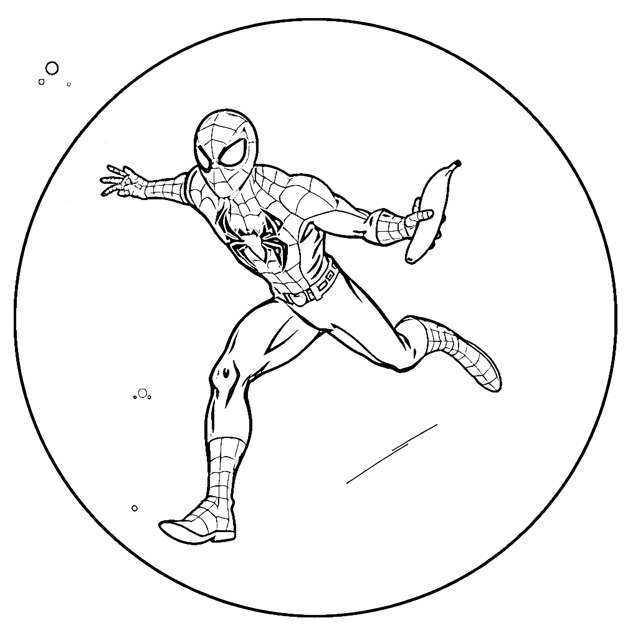 Spiderman swinging into action Coloring Page (free black-and-white line drawing printable PDF for all, from beginners to advanced learners, including children, teens, adults, and seniors)