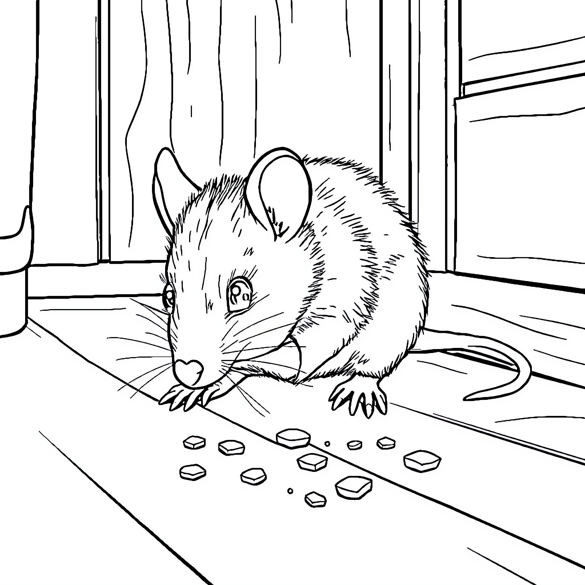 Mouse searching for food on the floor Coloring Page (free black-and-white line drawing printable PDF for all, from beginners to advanced learners, including children, teens, adults, and seniors)