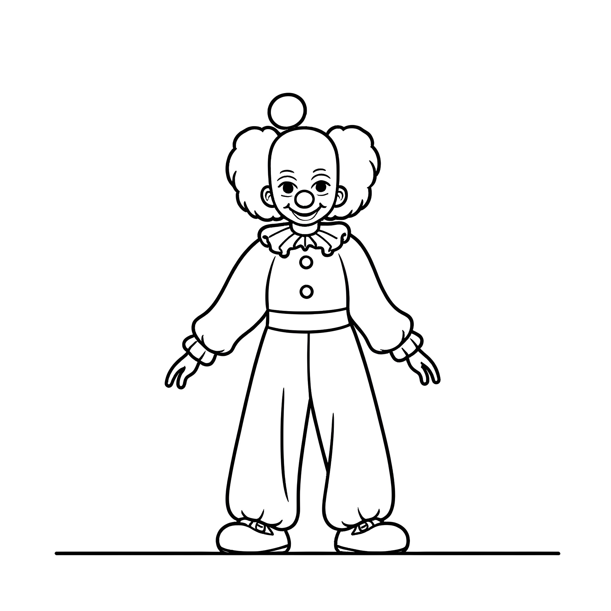 Clown with a happy expression and whimsical outfit Coloring Page (free black-and-white line drawing printable PDF for all, from beginners to advanced learners, including children, teens, adults, and seniors)
