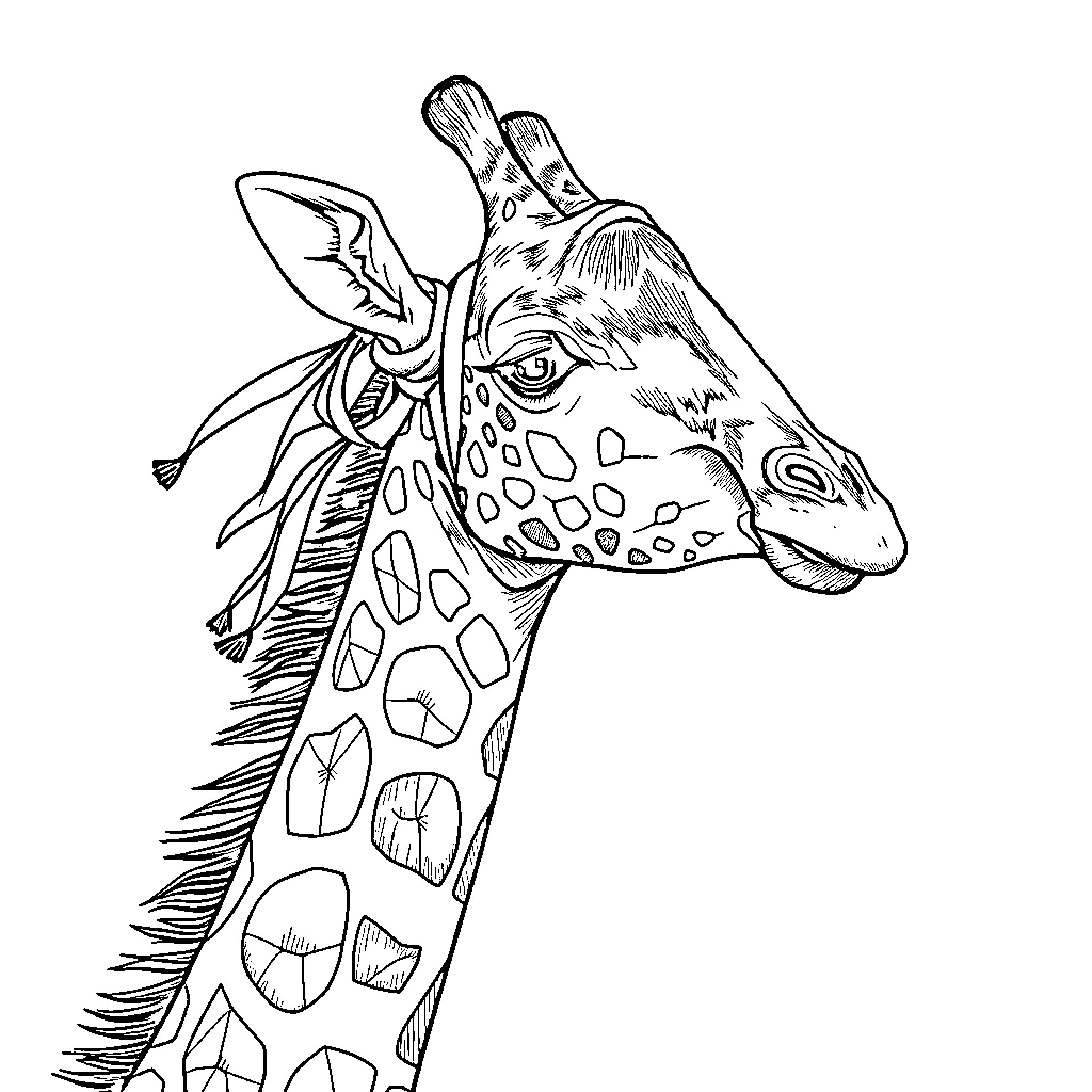 Giraffe with intricate patterns on its neck Coloring Page (free black-and-white line drawing printable PDF for all, from beginners to advanced learners, including children, teens, adults, and seniors)