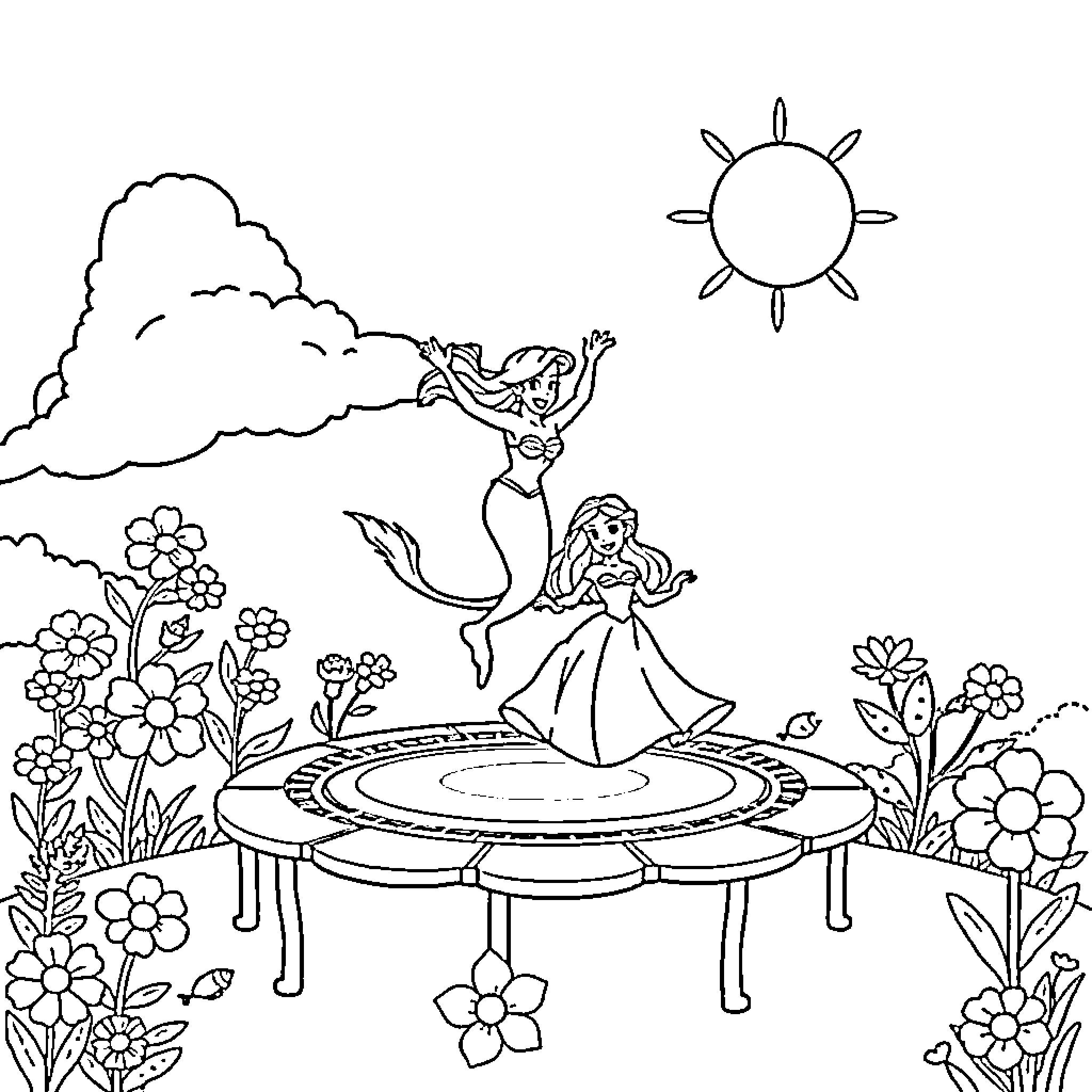 Ariel dancing with flowers and sunshine Coloring Page (free black-and-white line drawing printable PDF for all, from beginners to advanced learners, including children, teens, adults, and seniors)