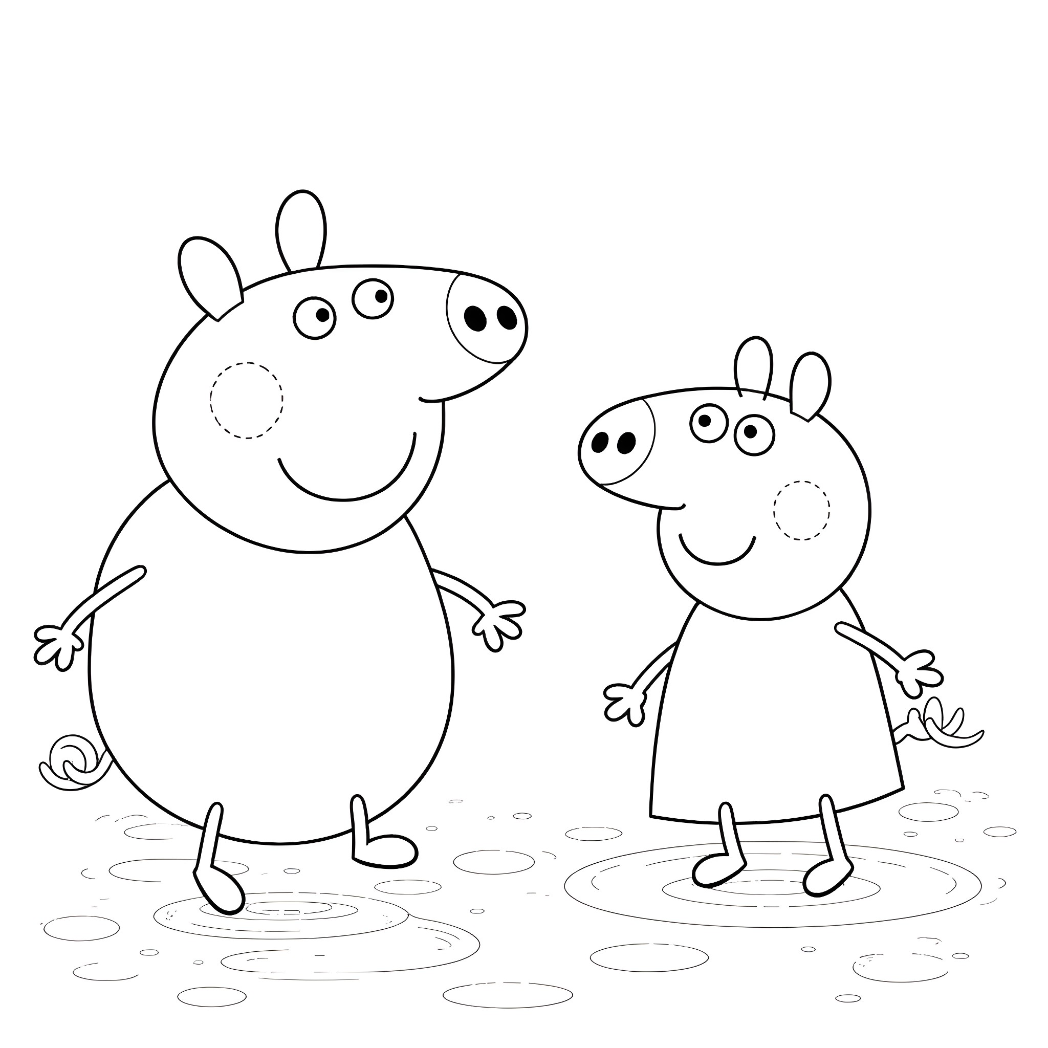 Bluey and Peppa Pig playing happily together Coloring Page (free black-and-white line drawing printable PDF for all, from beginners to advanced learners, including children, teens, adults, and seniors)