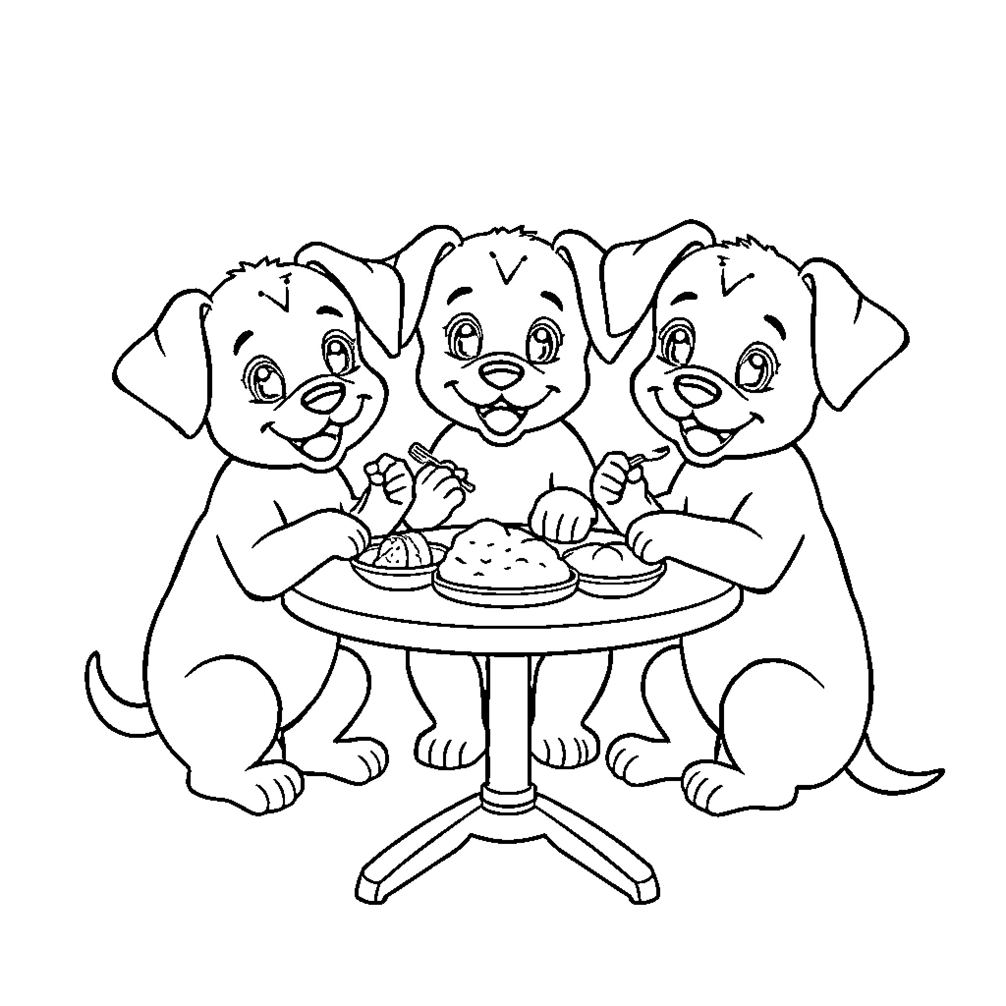 Puppies Enjoying a Meal Together Coloring Page (free black-and-white line drawing printable PDF for all, from beginners to advanced learners, including children, teens, adults, and seniors)