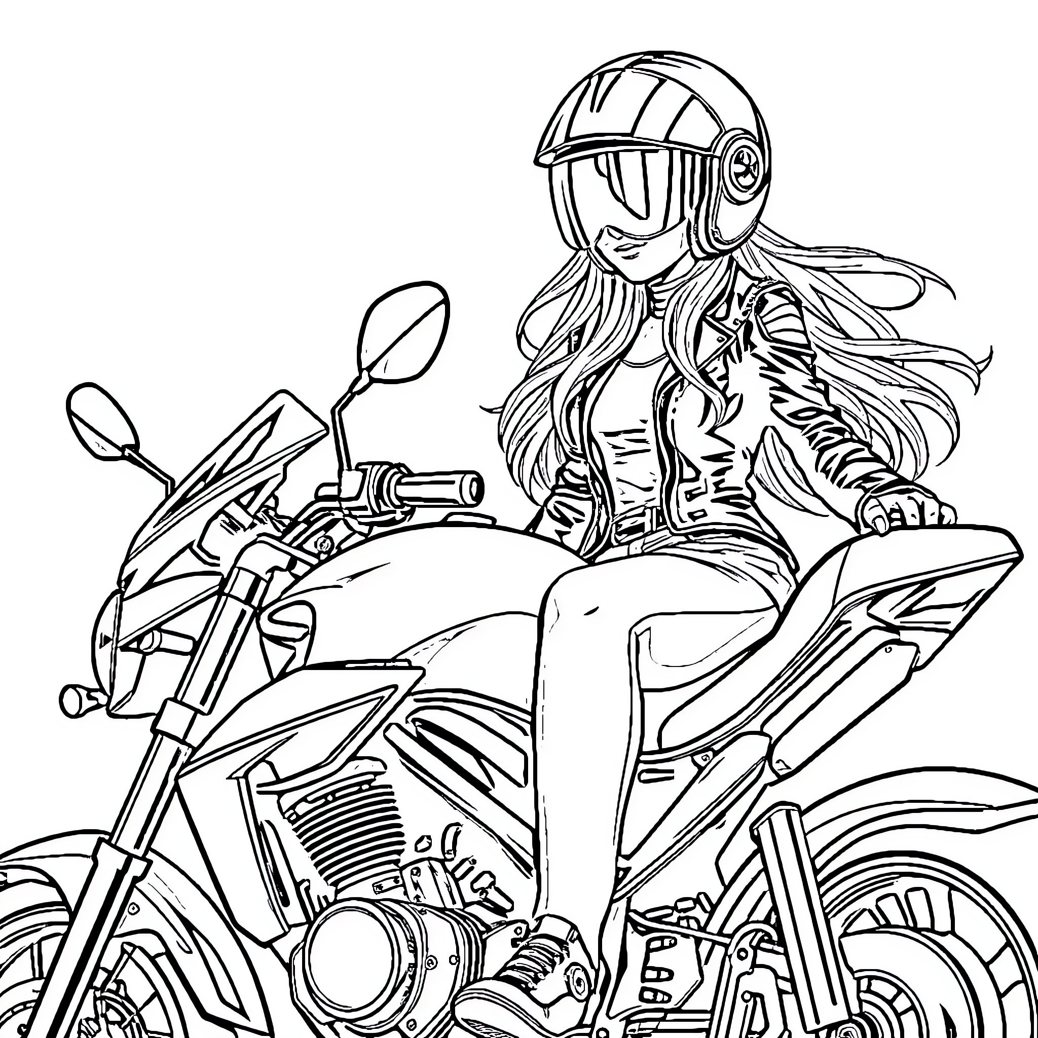 Girl riding motorcycle with stylish attire Coloring Page (free black-and-white line drawing printable PDF for all, from beginners to advanced learners, including children, teens, adults, and seniors)