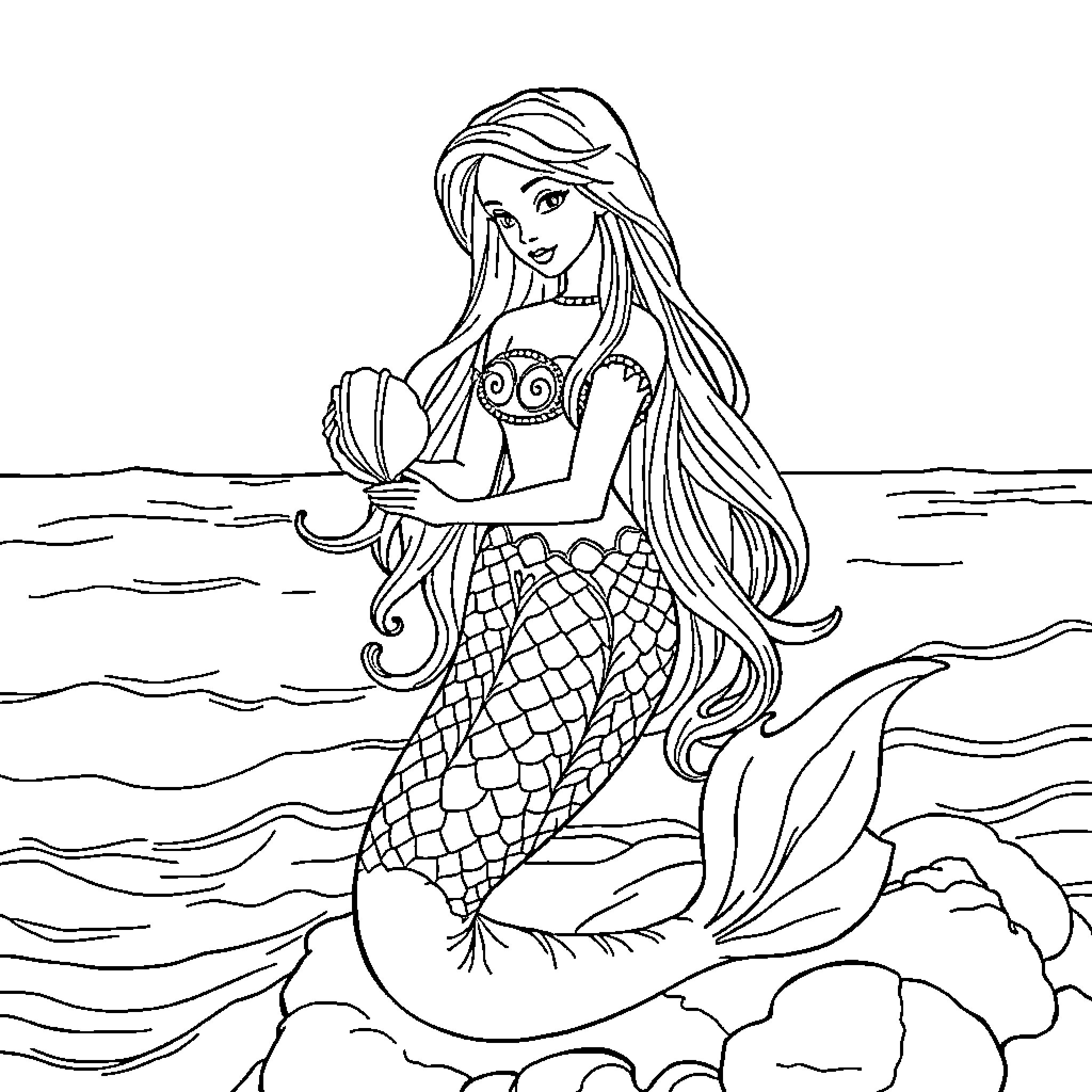 Mermaid exploring the underwater world Coloring Page (free black-and-white line drawing printable PDF for all, from beginners to advanced learners, including children, teens, adults, and seniors)
