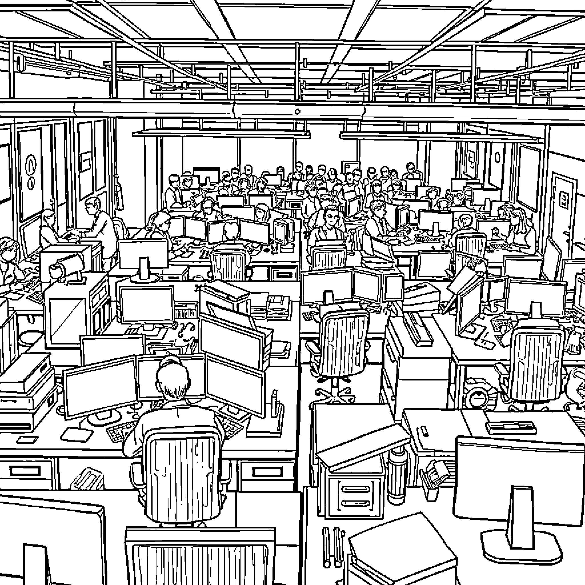 Office Filled with Busy People and Equipment Coloring Page (free black-and-white line drawing printable PDF for all, from beginners to advanced learners, including children, teens, adults, and seniors)