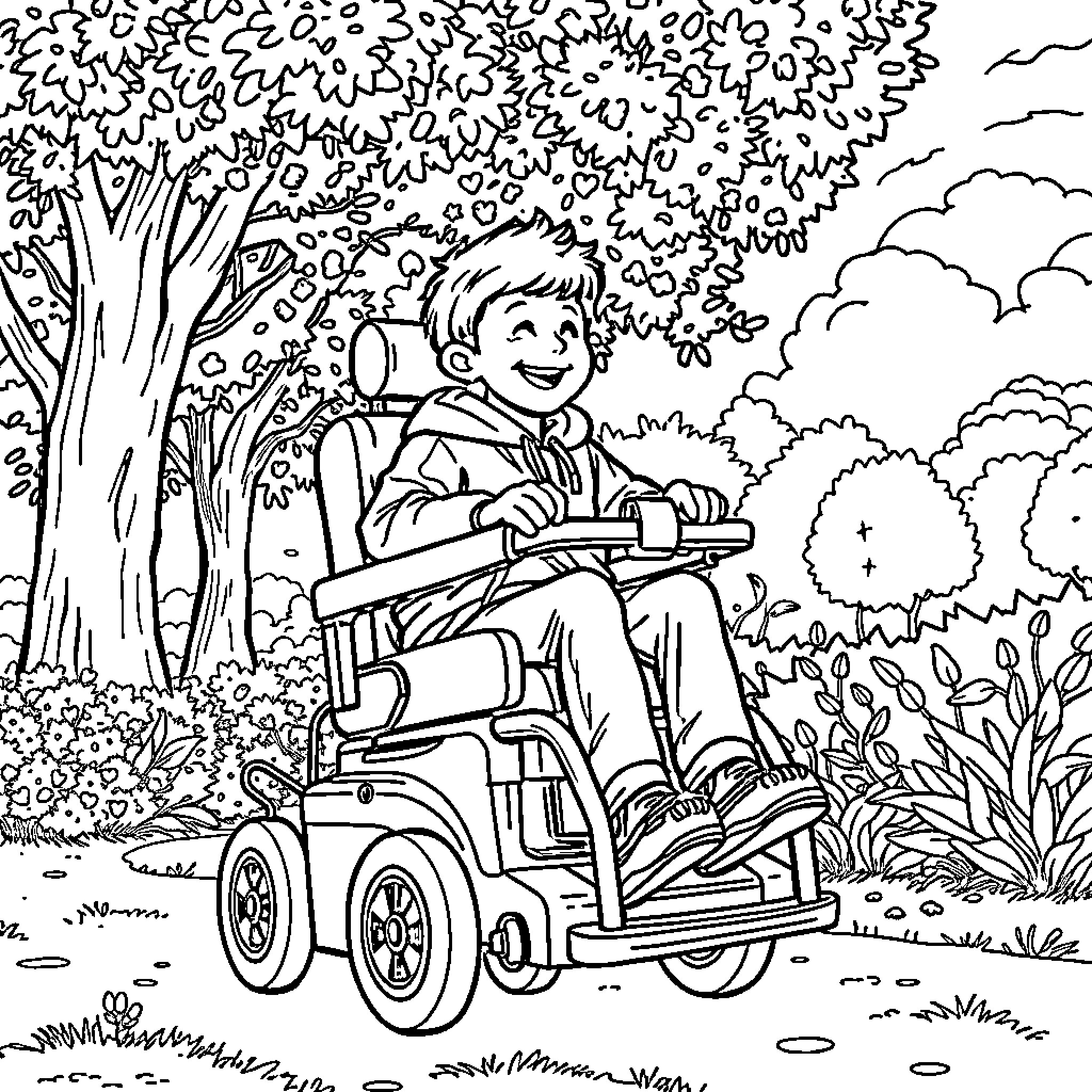 Boy riding power wheelchair through nature Coloring Page (free black-and-white line drawing printable PDF for all, from beginners to advanced learners, including children, teens, adults, and seniors)