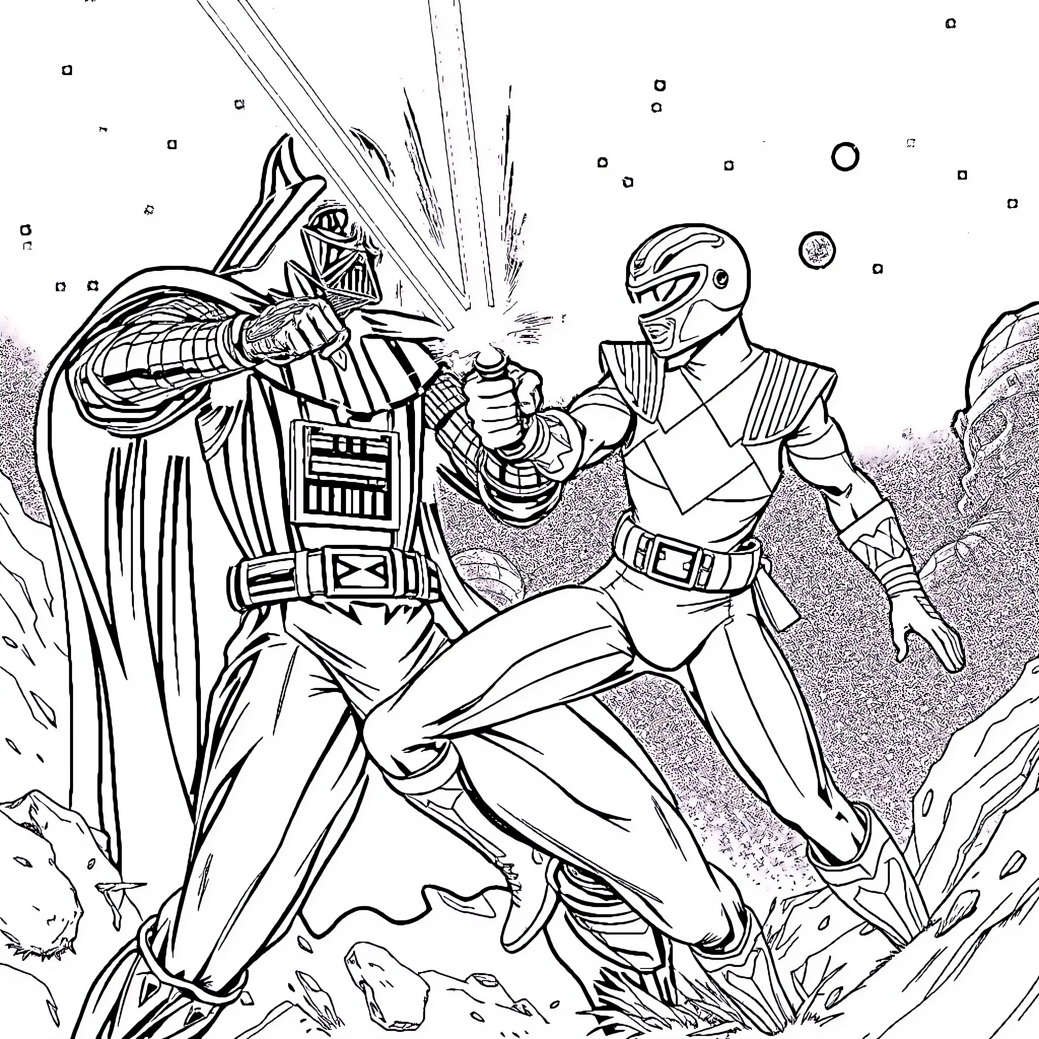 Ranger in epic battle with futuristic warrior Coloring Page (free black-and-white line drawing printable PDF for all, from beginners to advanced learners, including children, teens, adults, and seniors)