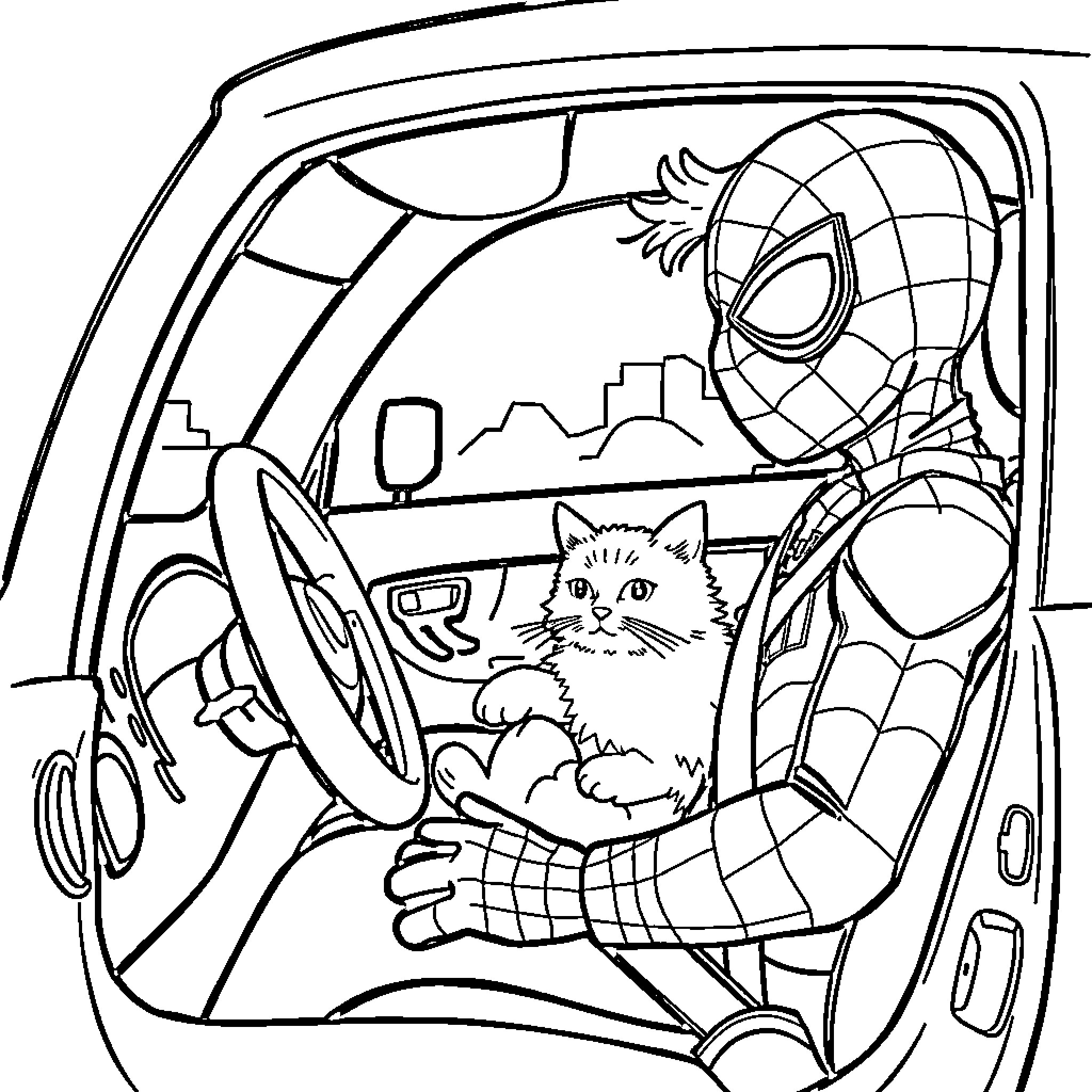 Spiderman rescuing a cat from a car Coloring Page (free black-and-white line drawing printable PDF for all, from beginners to advanced learners, including children, teens, adults, and seniors)