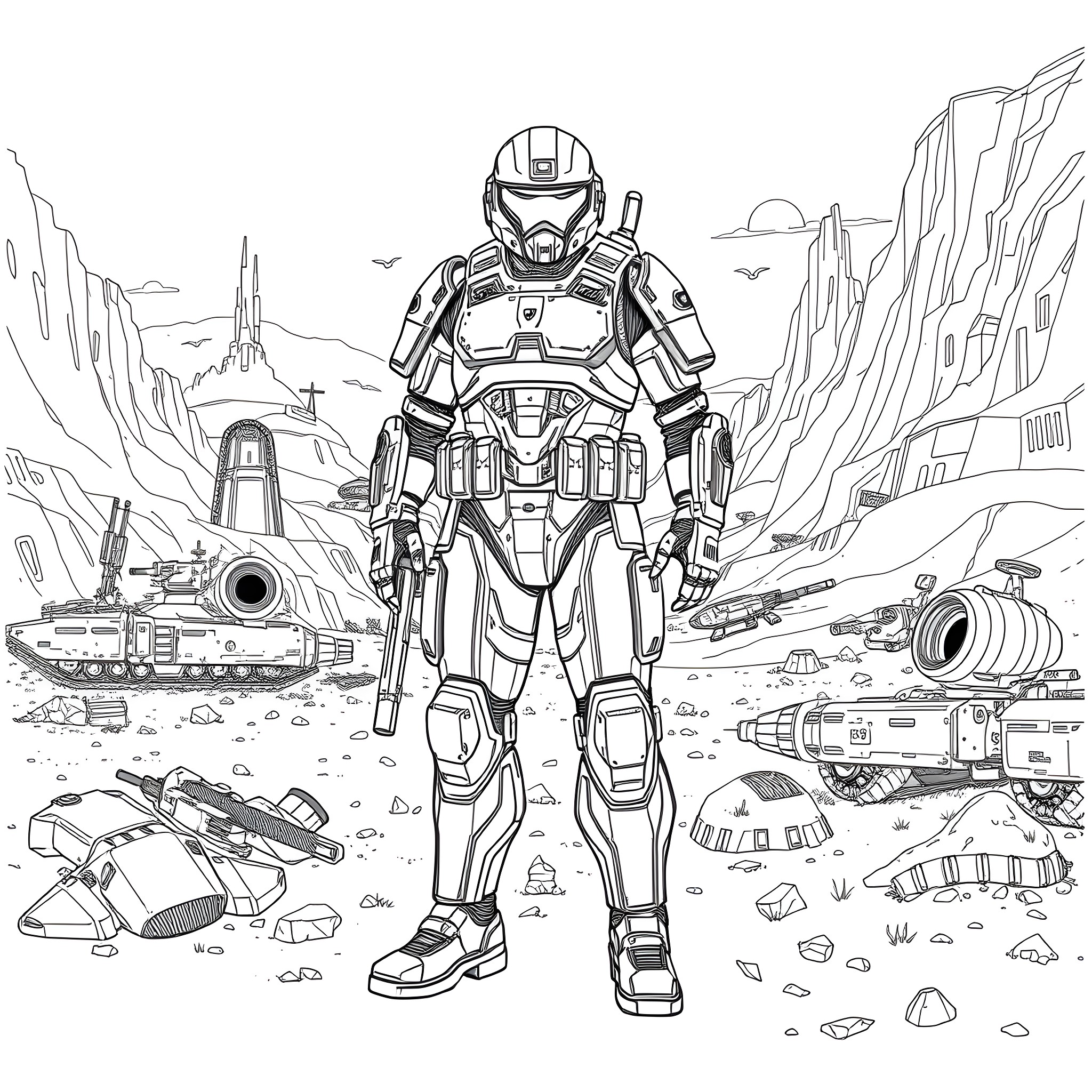 Soldier stands resolute amidst futuristic military landscape Coloring Page (free black-and-white line drawing printable PDF for all, from beginners to advanced learners, including children, teens, adults, and seniors)