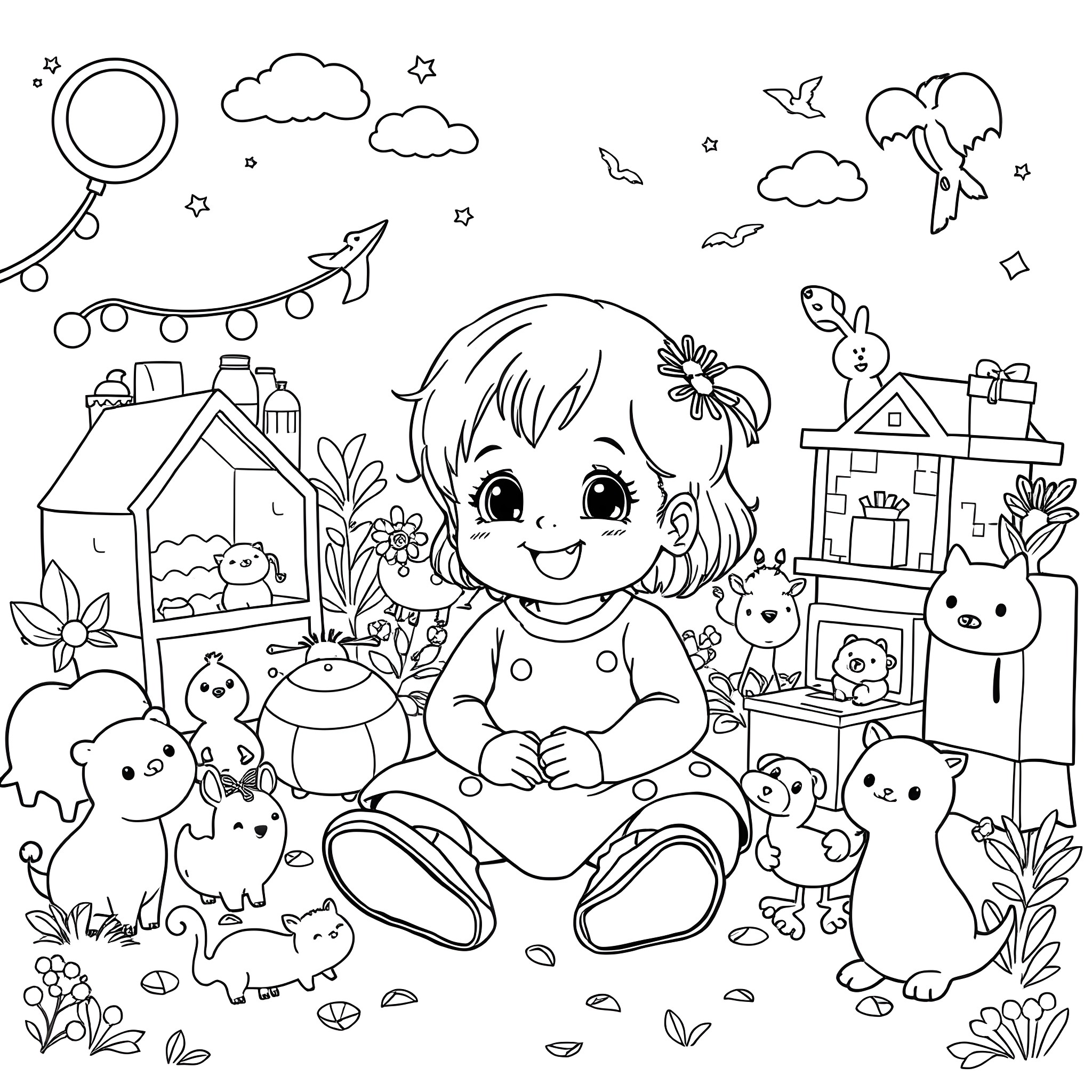 Toddler playing with cute animals in the backyard Coloring Page (free black-and-white line drawing printable PDF for all, from beginners to advanced learners, including children, teens, adults, and seniors)