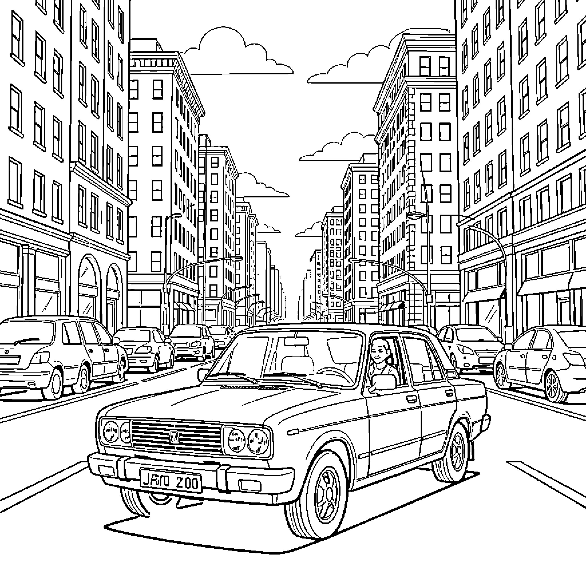 Lada taxi navigating busy city streets Coloring Page (free black-and-white line drawing printable PDF for all, from beginners to advanced learners, including children, teens, adults, and seniors)