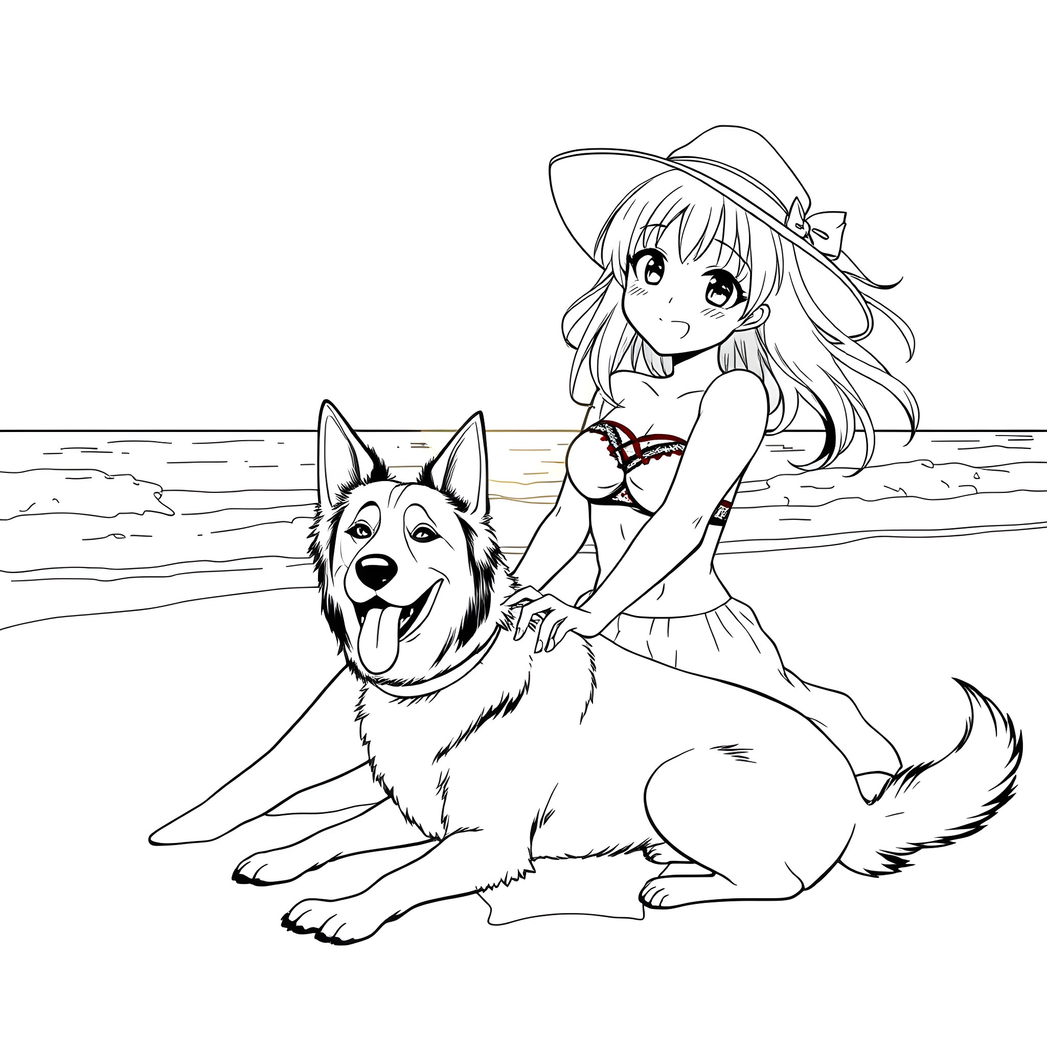 Anime Girl Playing with Friendly Dog on the Beach Coloring Page (free black-and-white line drawing printable PDF for all, from beginners to advanced learners, including children, teens, adults, and seniors)