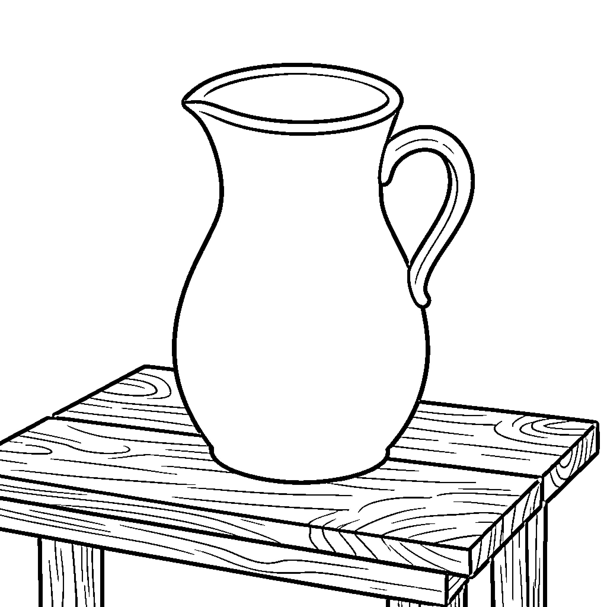 Jug sitting peacefully on a wooden stool Coloring Page (free black-and-white line drawing printable PDF for all, from beginners to advanced learners, including children, teens, adults, and seniors)
