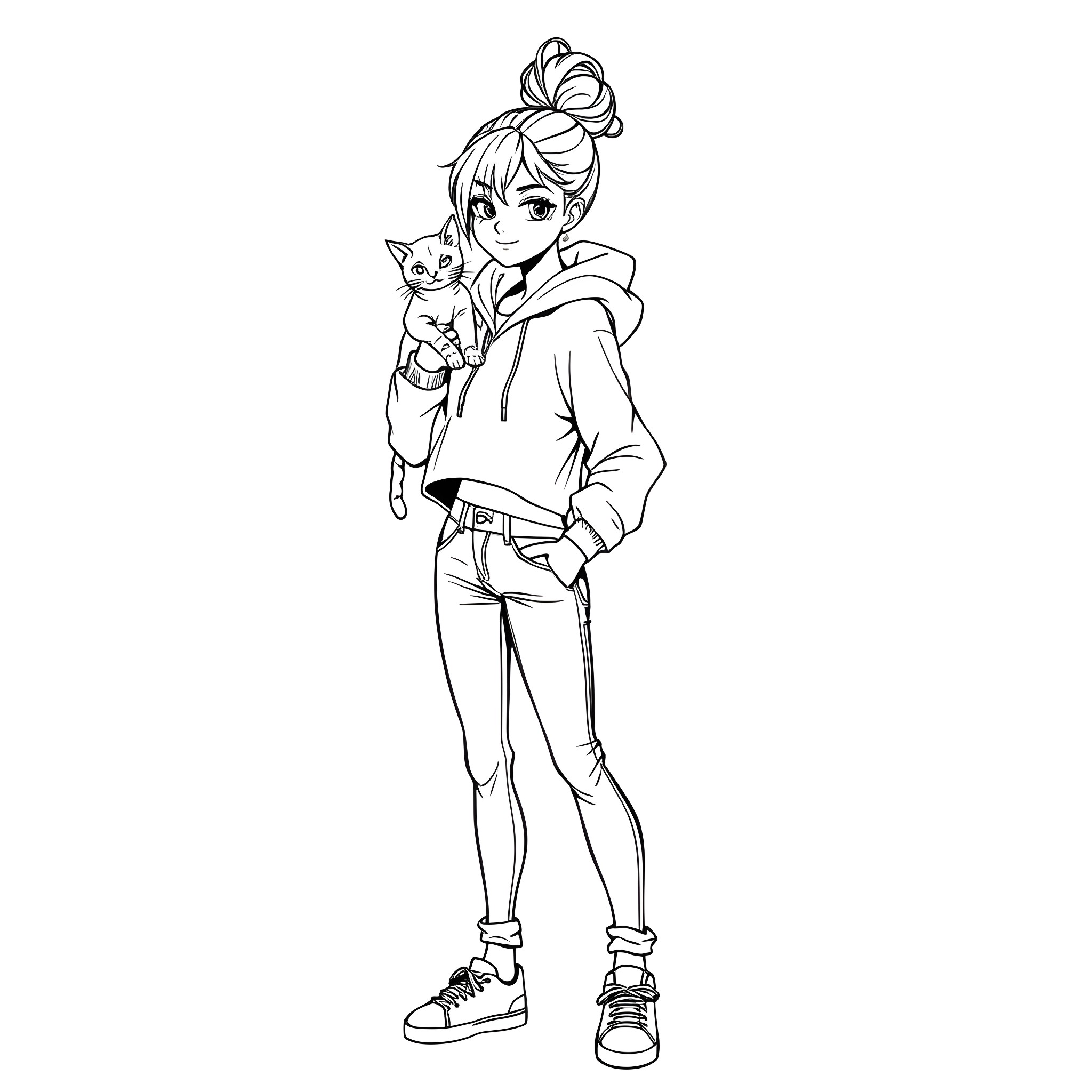 Teen Girl with Pet Cat in Casual Outfit Coloring Page (free black-and-white line drawing printable PDF for all, from beginners to advanced learners, including children, teens, adults, and seniors)