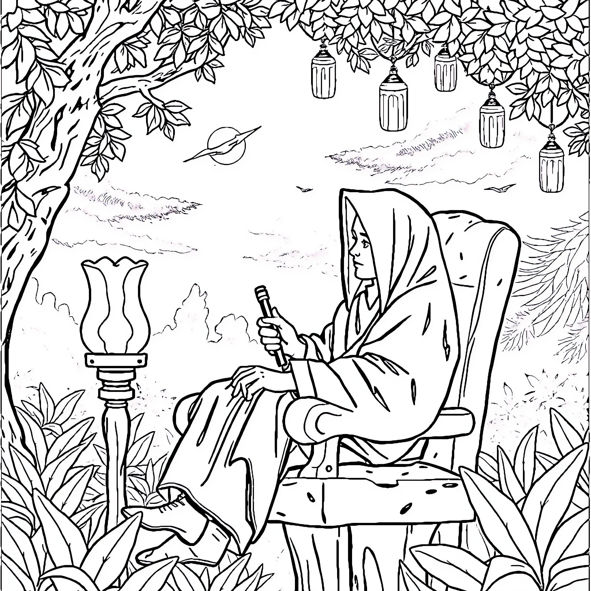 Pemuda Enjoys Nature's Solace Coloring Page (free black-and-white line drawing printable PDF for all, from beginners to advanced learners, including children, teens, adults, and seniors)