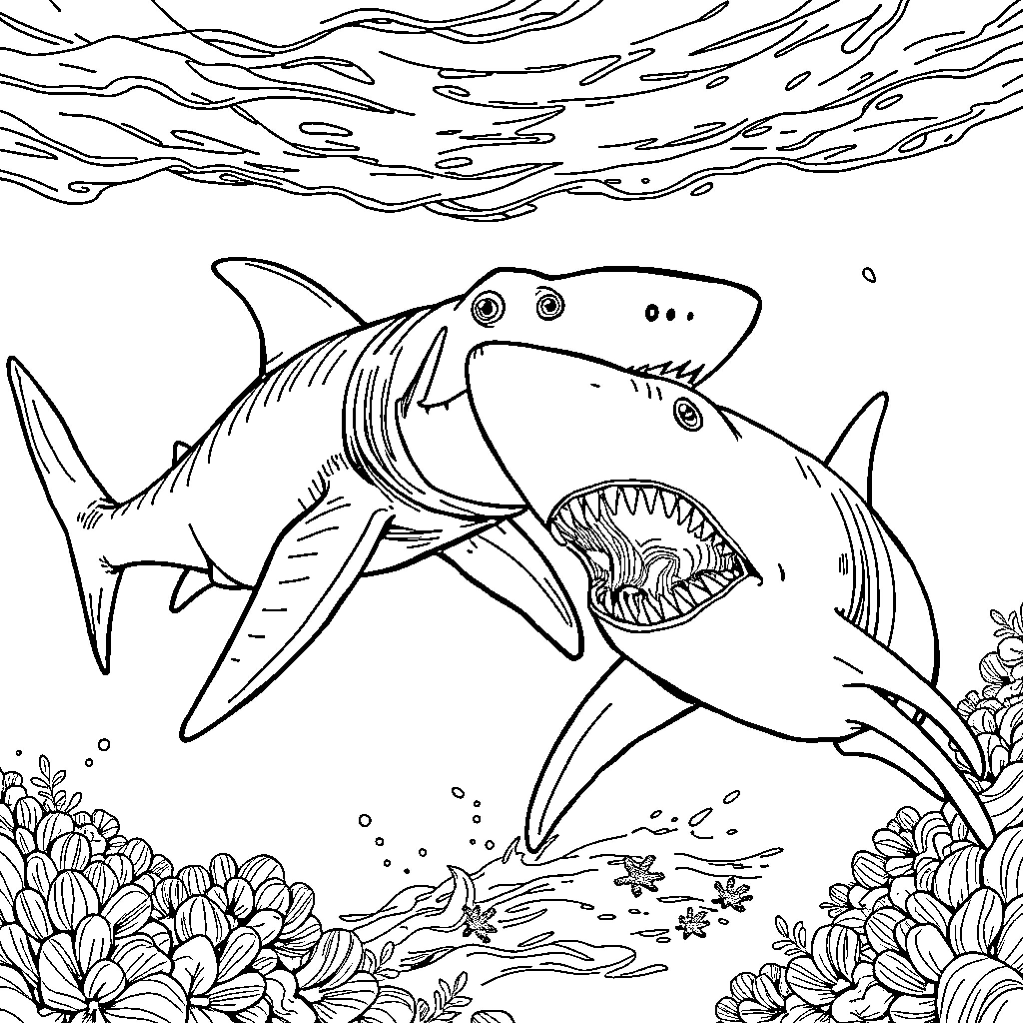 Mosasaur fiercely swimming underwater in the ocean Coloring Page (free black-and-white line drawing printable PDF for all, from beginners to advanced learners, including children, teens, adults, and seniors)