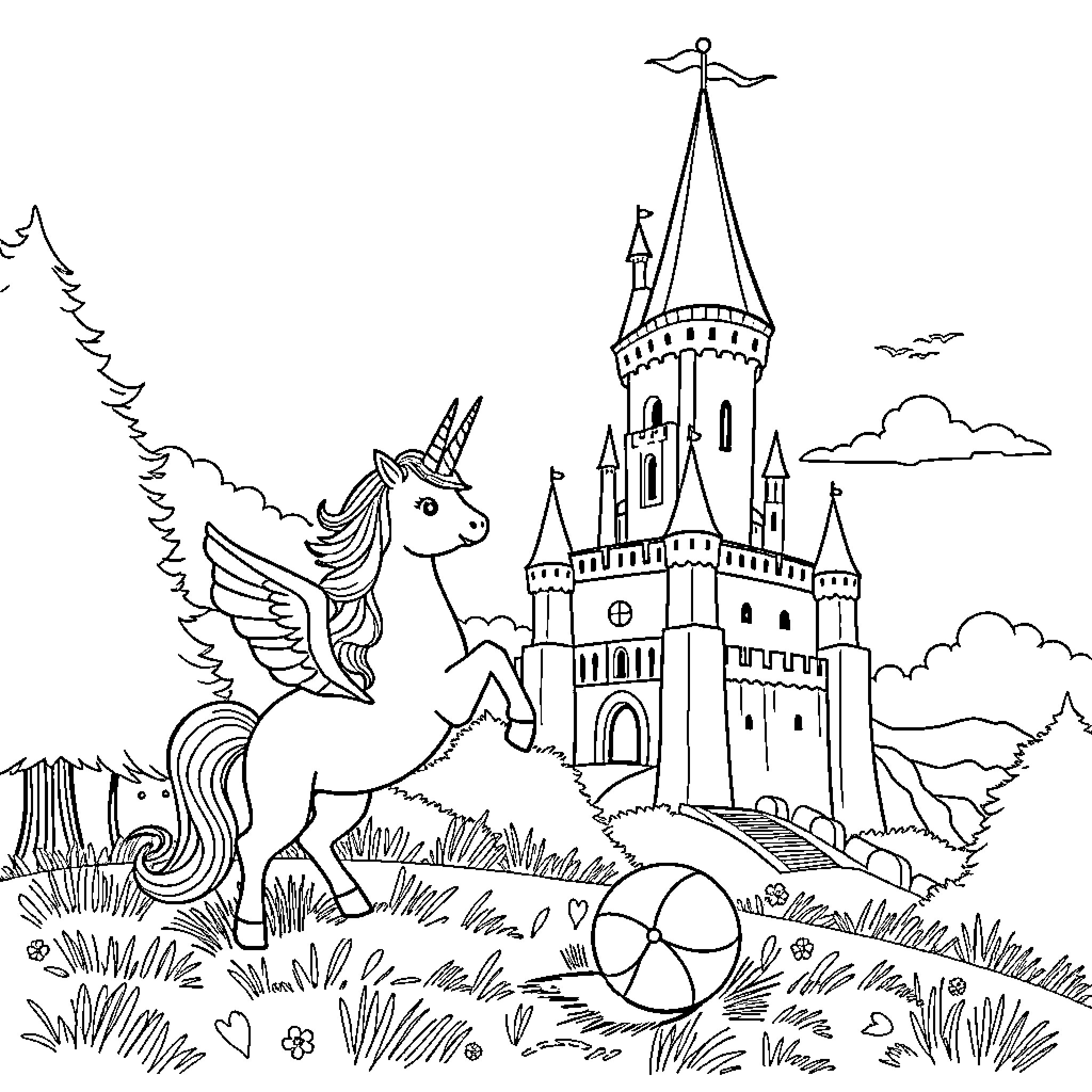 Unicorn Frolicking near a Majestic Castle Coloring Page (free black-and-white line drawing printable PDF for all, from beginners to advanced learners, including children, teens, adults, and seniors)