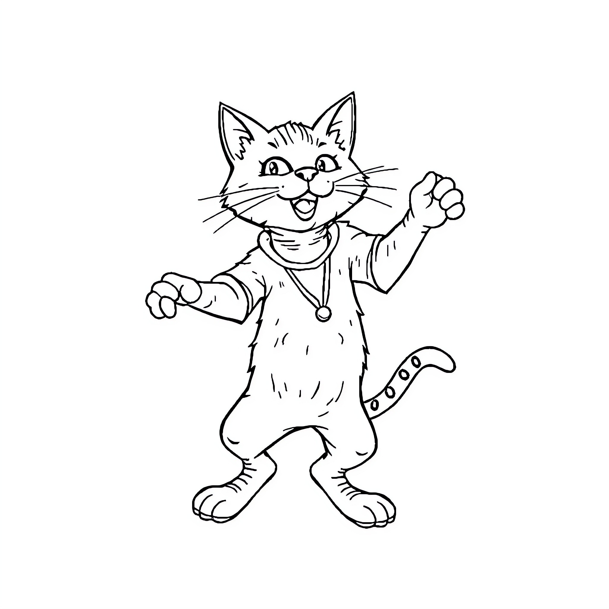 Cat in action cartoon outfit Coloring Page (free black-and-white line drawing printable PDF for all, from beginners to advanced learners, including children, teens, adults, and seniors)