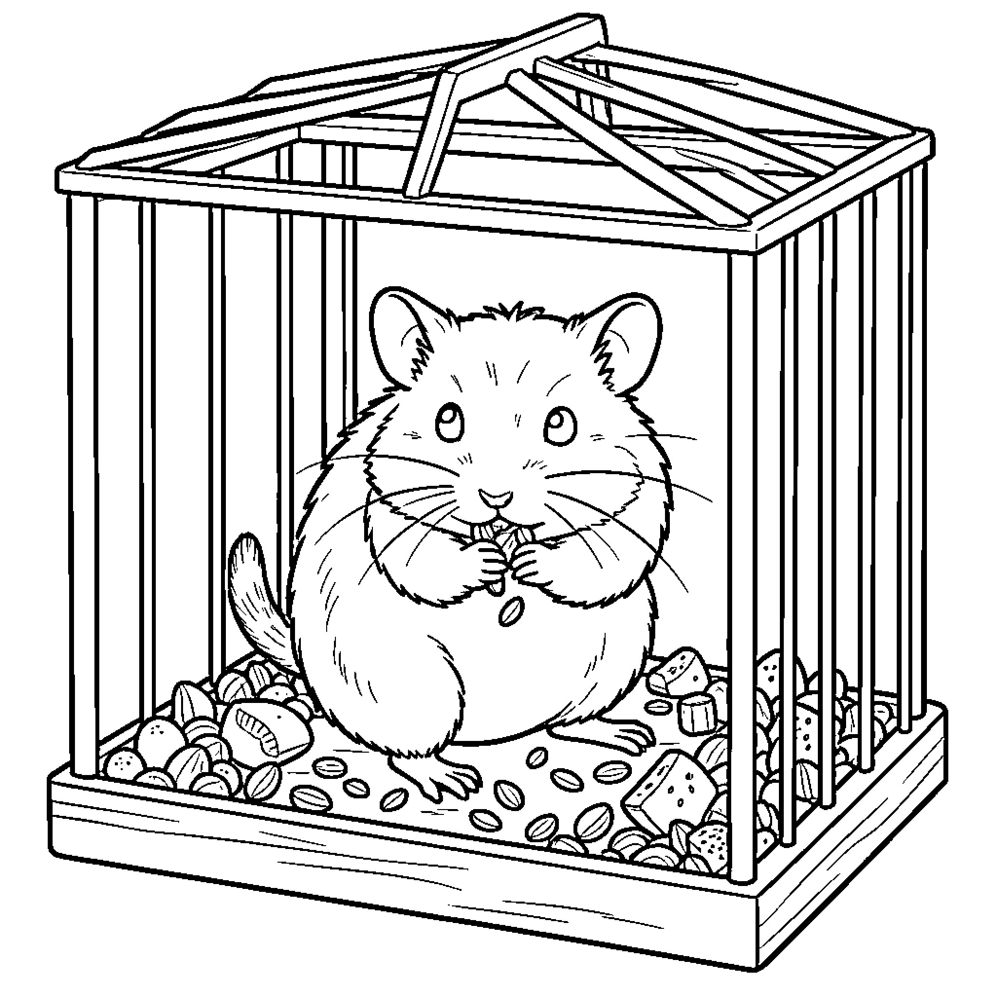 Hamster eating seeds inside a small cage Coloring Page (free black-and-white line drawing printable PDF for all, from beginners to advanced learners, including children, teens, adults, and seniors)