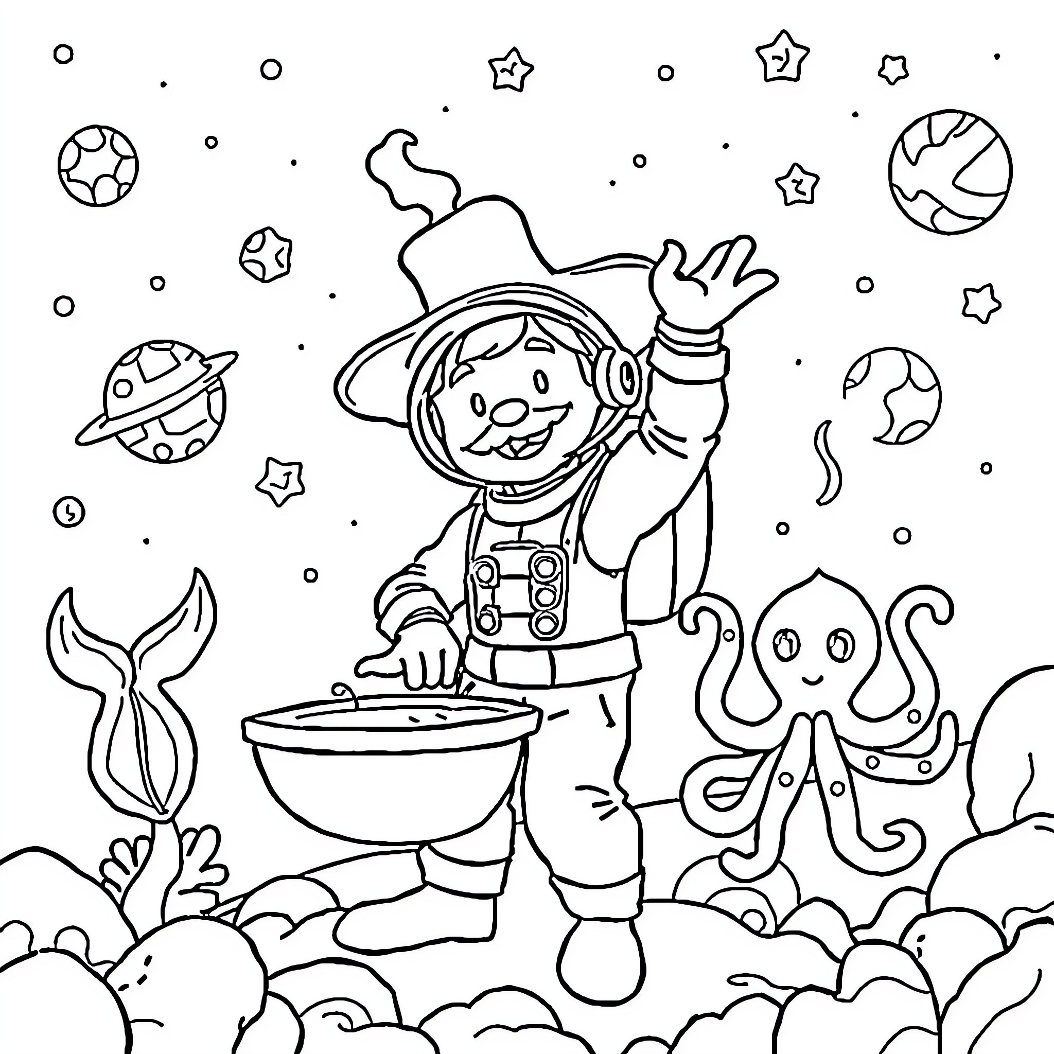 Cowboy Astronaut Exploring Outer Space Adventure Coloring Page (free black-and-white line drawing printable PDF for all, from beginners to advanced learners, including children, teens, adults, and seniors)