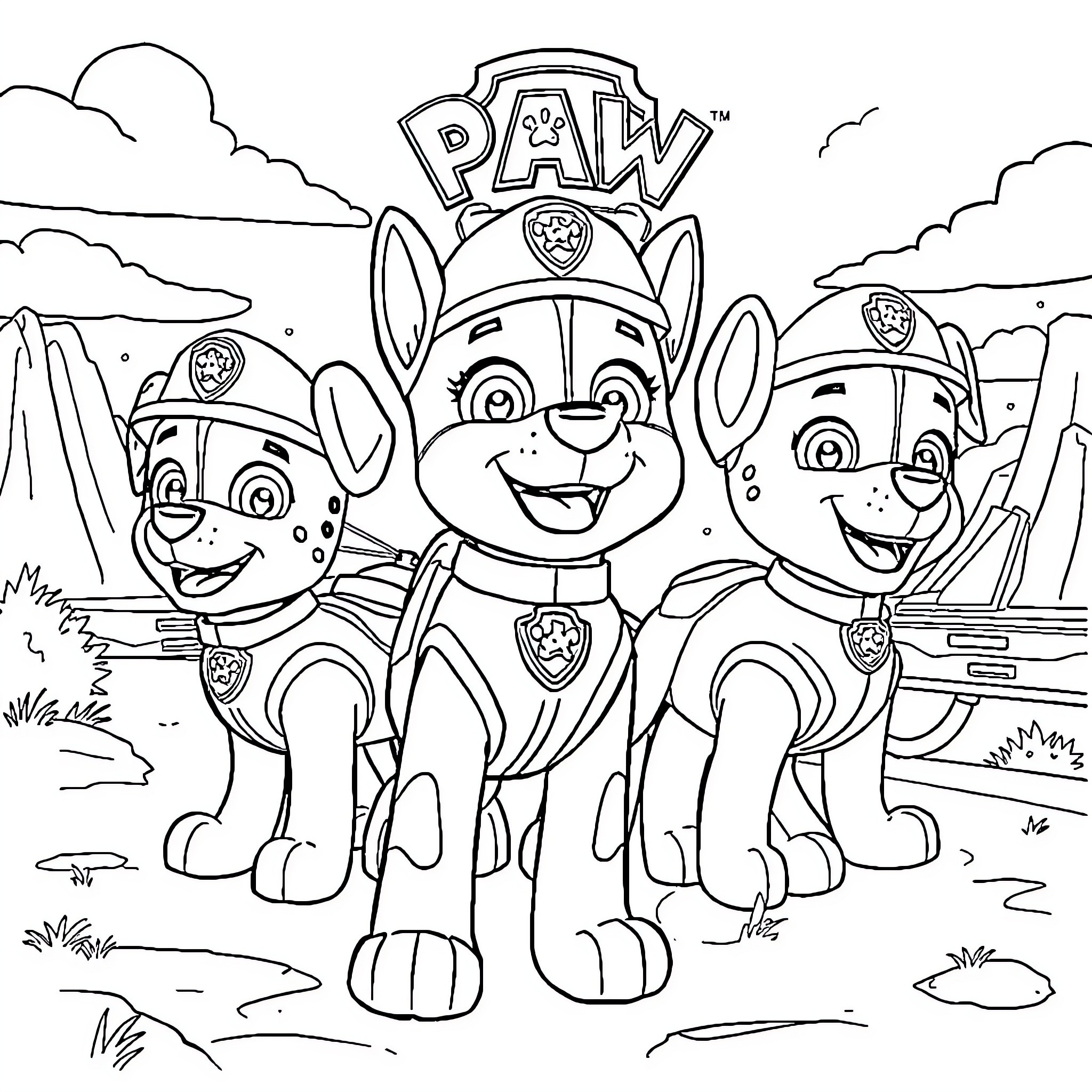 Paw Patrol dogs in action poses and uniforms Coloring Page (free black-and-white line drawing printable PDF for all, from beginners to advanced learners, including children, teens, adults, and seniors)