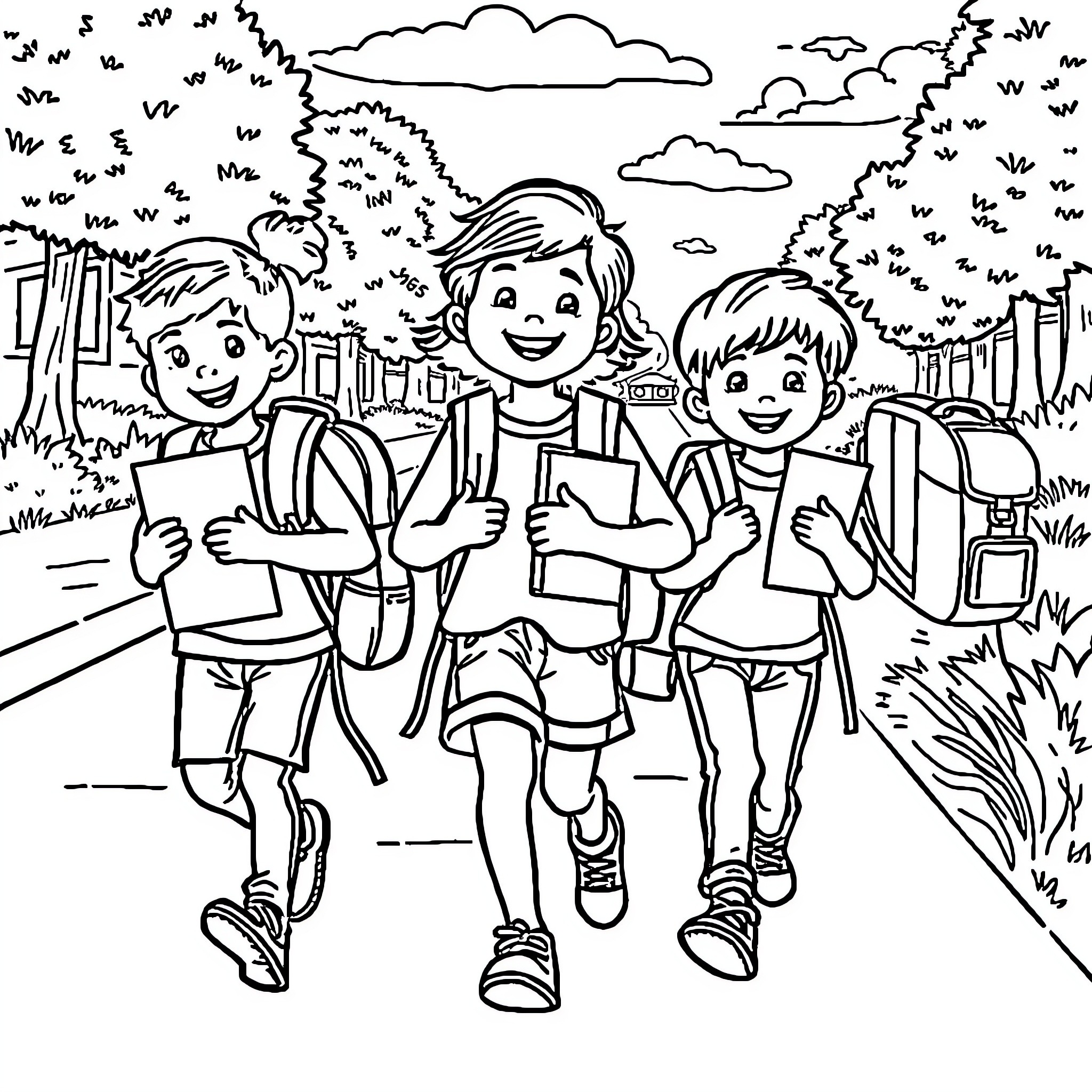 Kid friends walking happily to school Coloring Page (free black-and-white line drawing printable PDF for all, from beginners to advanced learners, including children, teens, adults, and seniors)