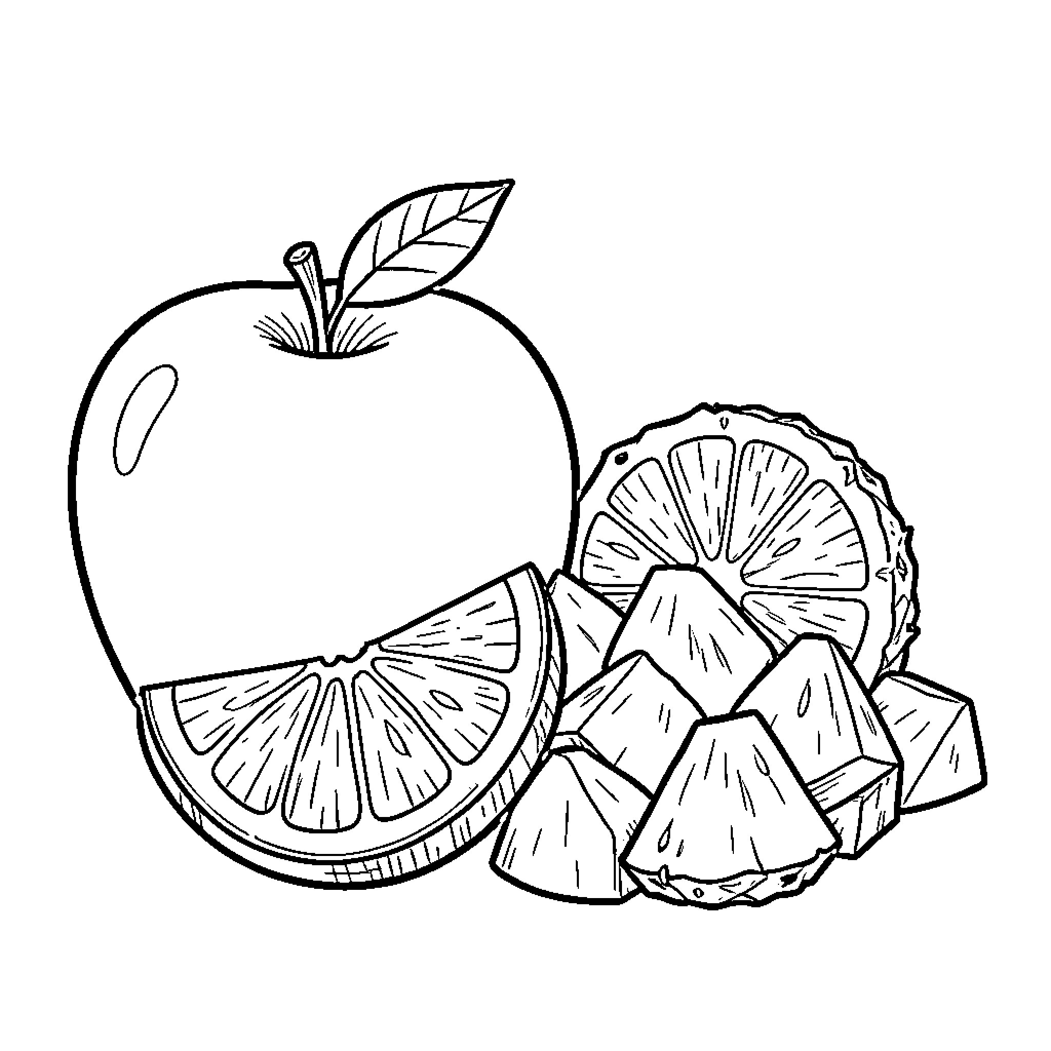 Apple surrounded by slices of citrus and fruit pieces Coloring Page (free black-and-white line drawing printable PDF for all, from beginners to advanced learners, including children, teens, adults, and seniors)