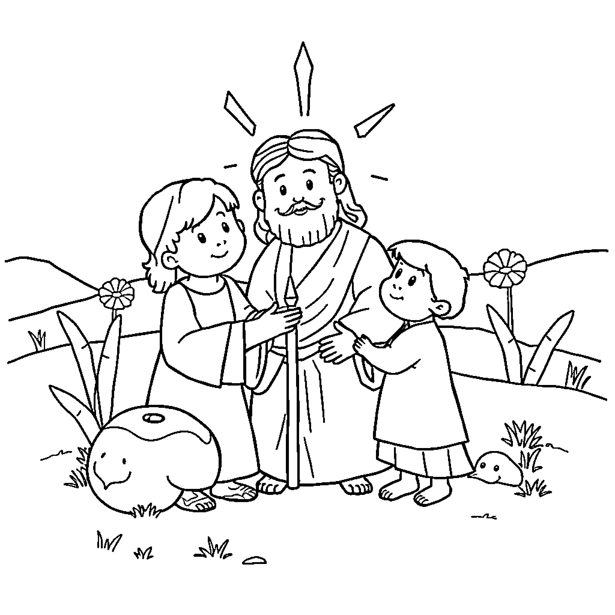 Bible characters in a pastoral scene Coloring Page (free black-and-white line drawing printable PDF for all, from beginners to advanced learners, including children, teens, adults, and seniors)