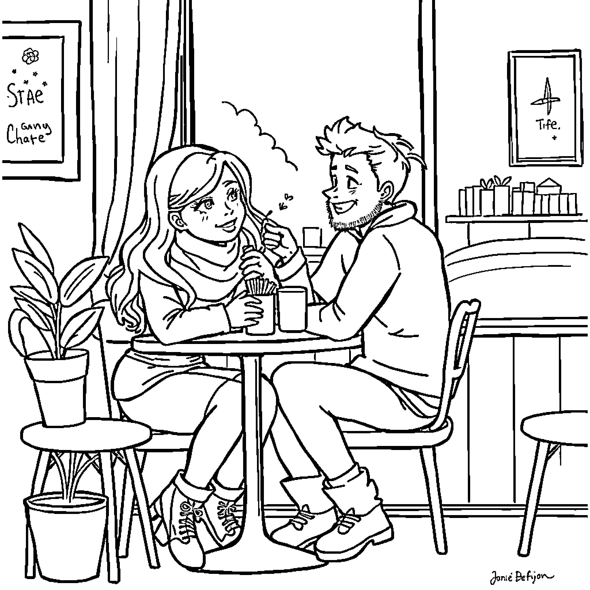 Sonie's Cozy Cafe Conversation Coloring Page (free black-and-white line drawing printable PDF for all, from beginners to advanced learners, including children, teens, adults, and seniors)