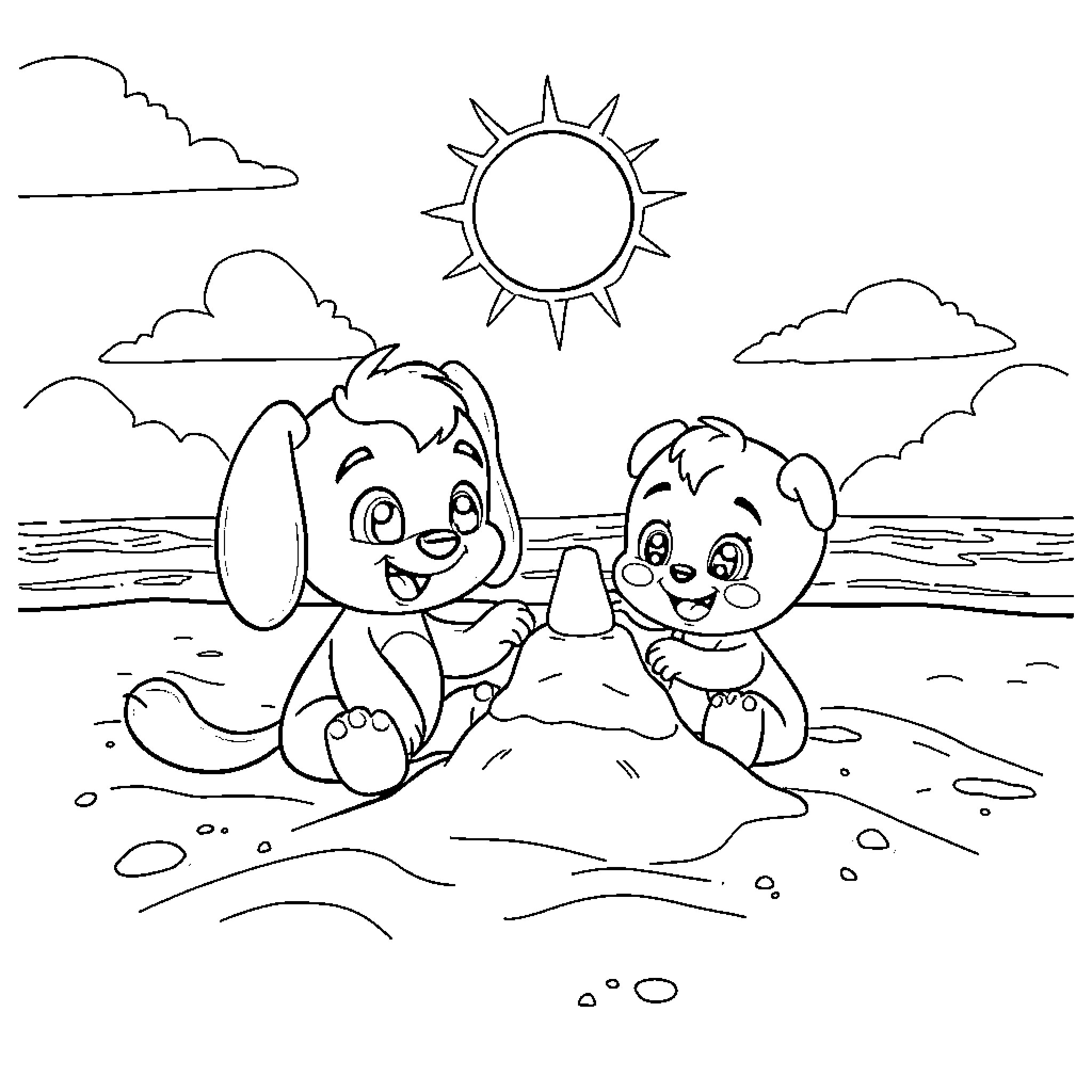 Bluey and friends enjoying the beach Coloring Page (free black-and-white line drawing printable PDF for all, from beginners to advanced learners, including children, teens, adults, and seniors)