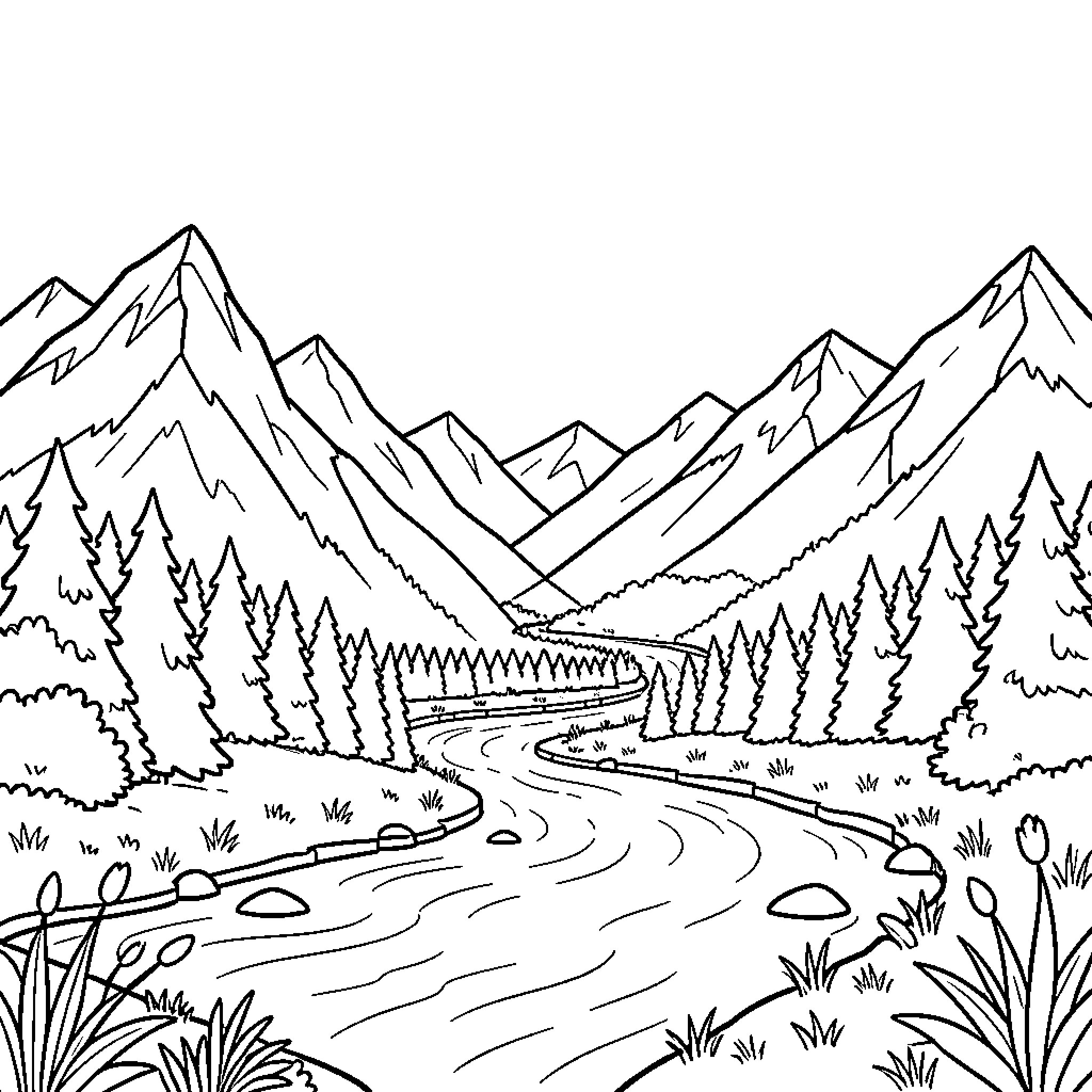 Landscape of winding mountain road through forest Coloring Page (free black-and-white line drawing printable PDF for all, from beginners to advanced learners, including children, teens, adults, and seniors)
