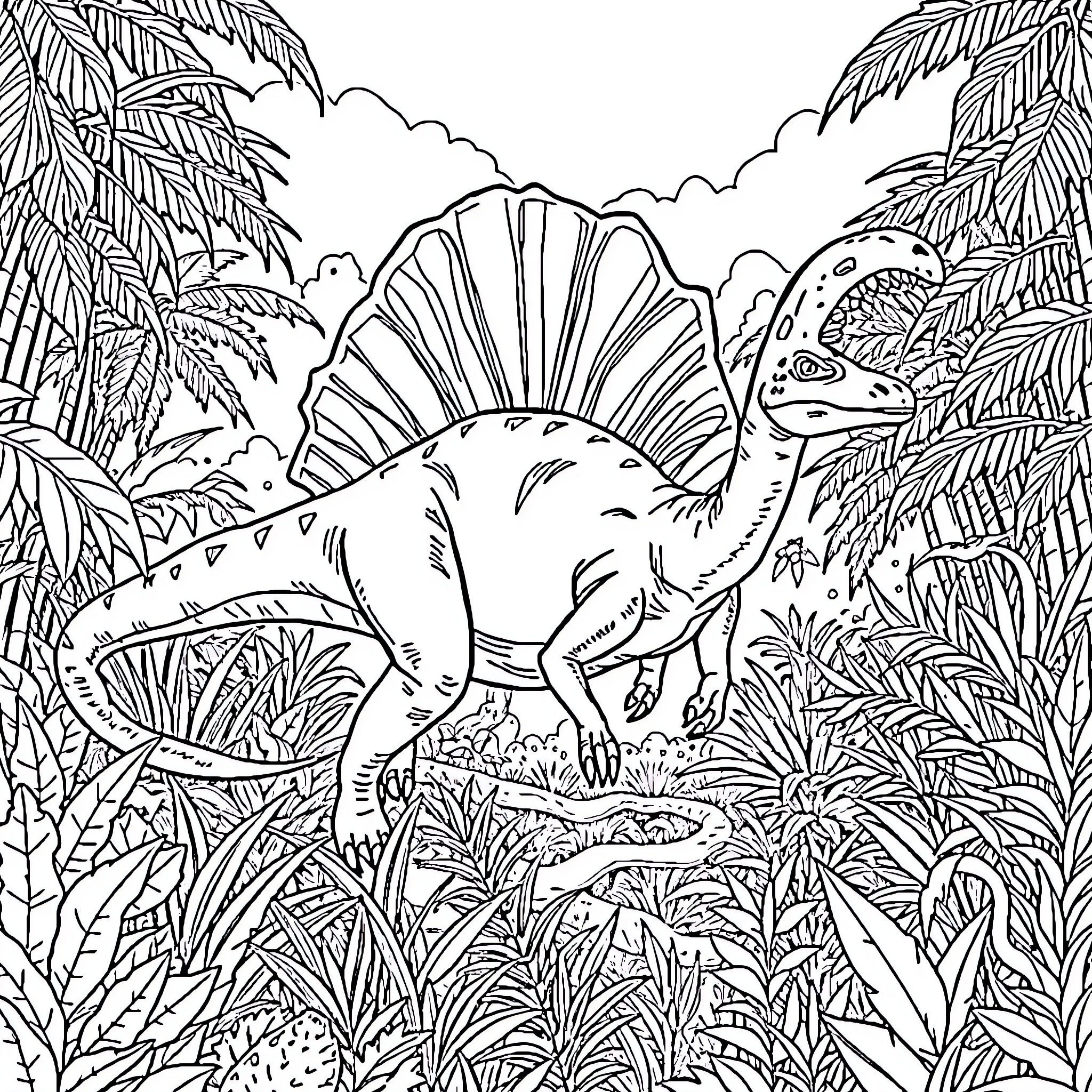 Spinosaurus exploring the dense prehistoric jungle Coloring Page (free black-and-white line drawing printable PDF for all, from beginners to advanced learners, including children, teens, adults, and seniors)