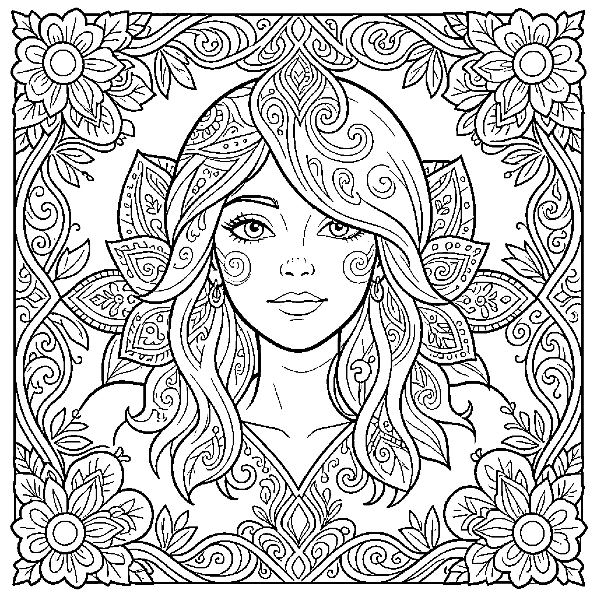 Original portrait of a woman surrounded by floral patterns Coloring Page (free black-and-white line drawing printable PDF for all, from beginners to advanced learners, including children, teens, adults, and seniors)
