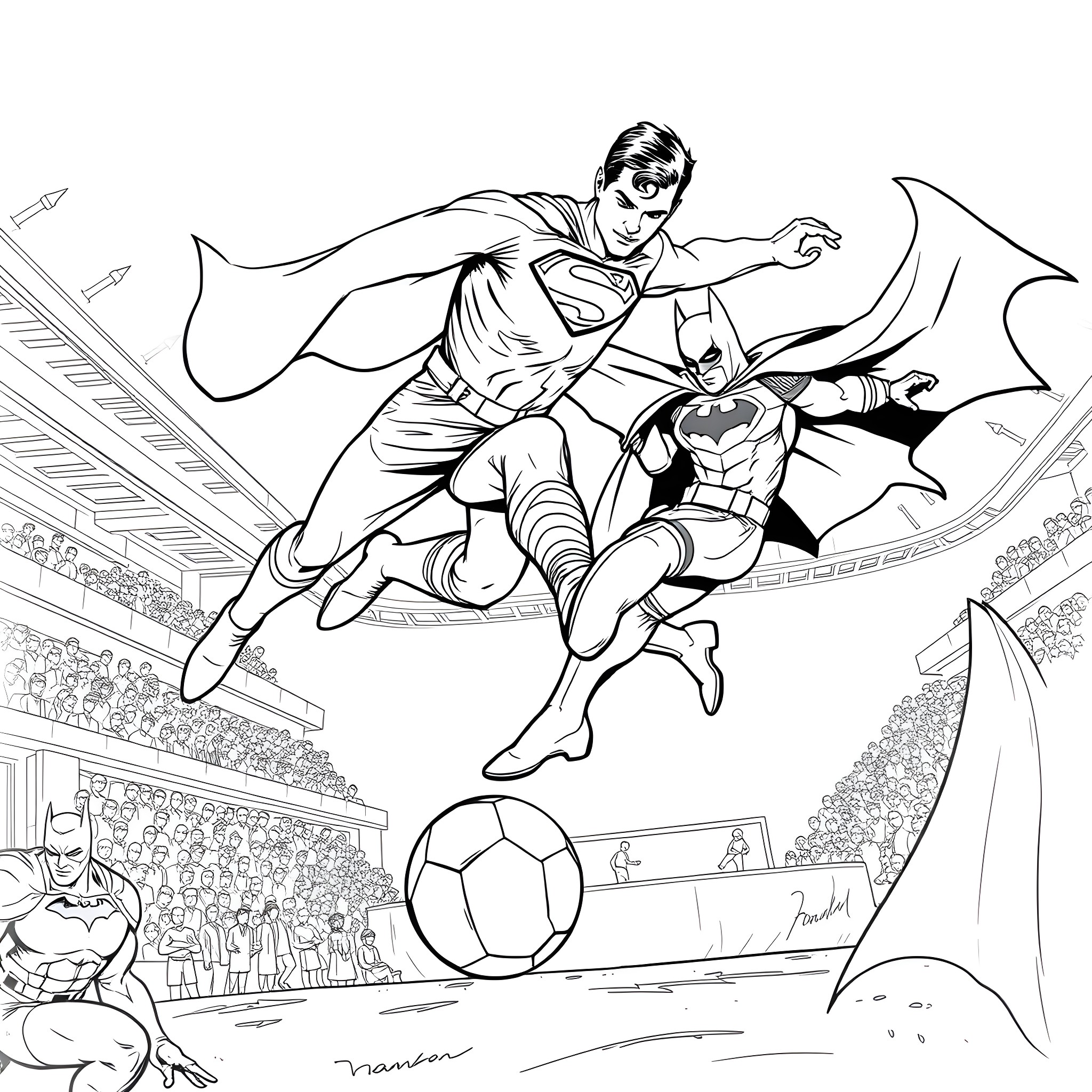Superman and Batman battling against villains in the stadium Coloring Page (free black-and-white line drawing printable PDF for all, from beginners to advanced learners, including children, teens, adults, and seniors)