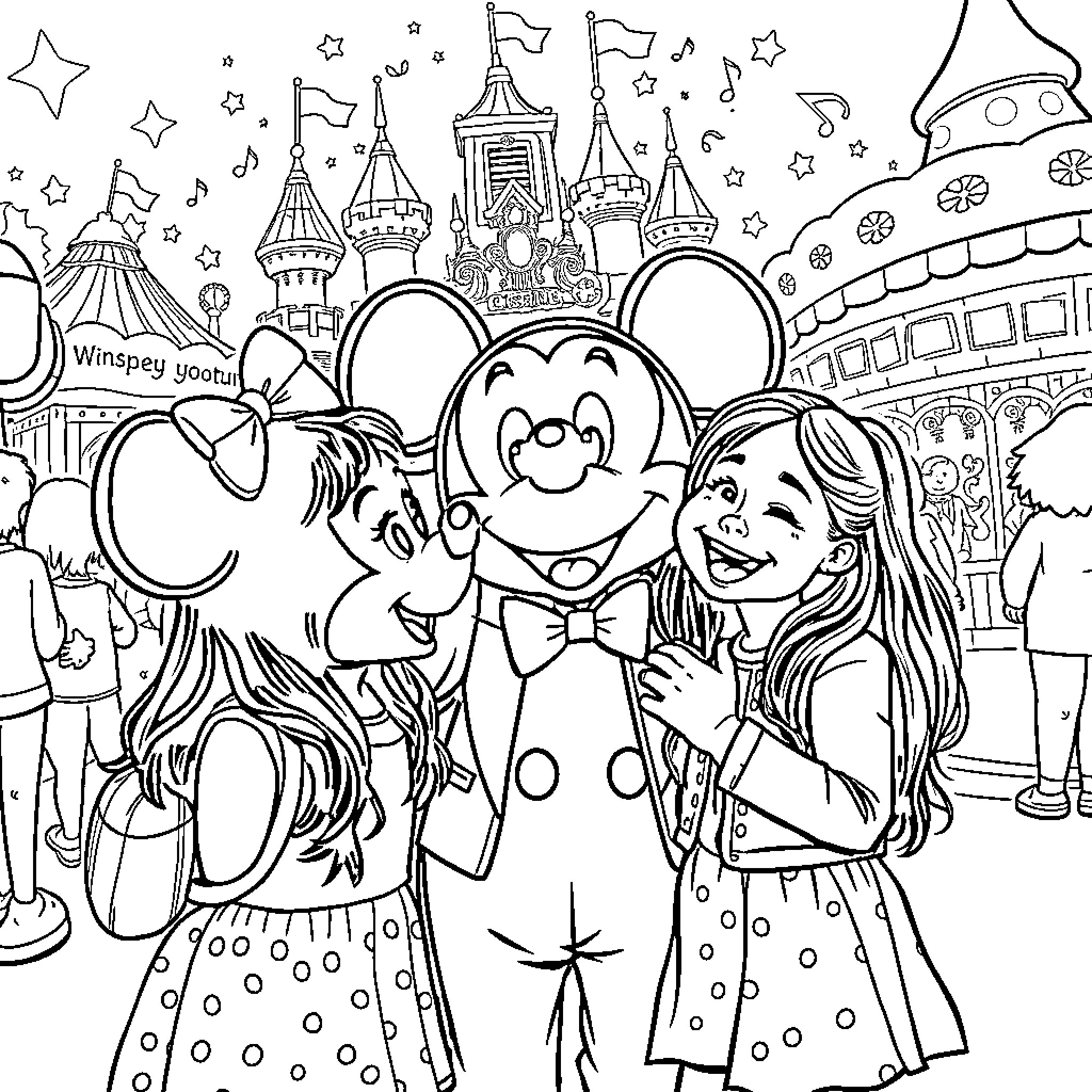 Girl enjoying Disney theme park with friends Coloring Page (free black-and-white line drawing printable PDF for all, from beginners to advanced learners, including children, teens, adults, and seniors)