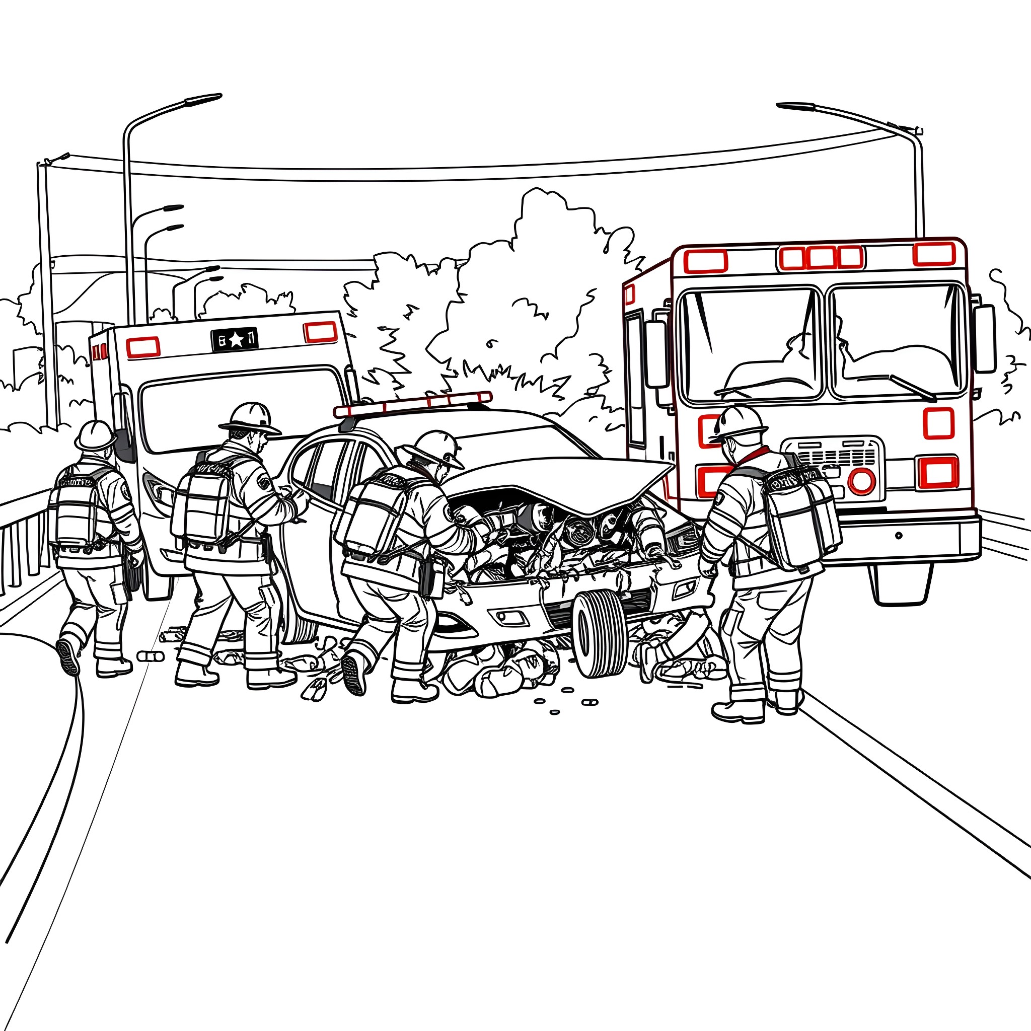 Car Accident Aftermath with Emergency Responders Coloring Page (free black-and-white line drawing printable PDF for all, from beginners to advanced learners, including children, teens, adults, and seniors)